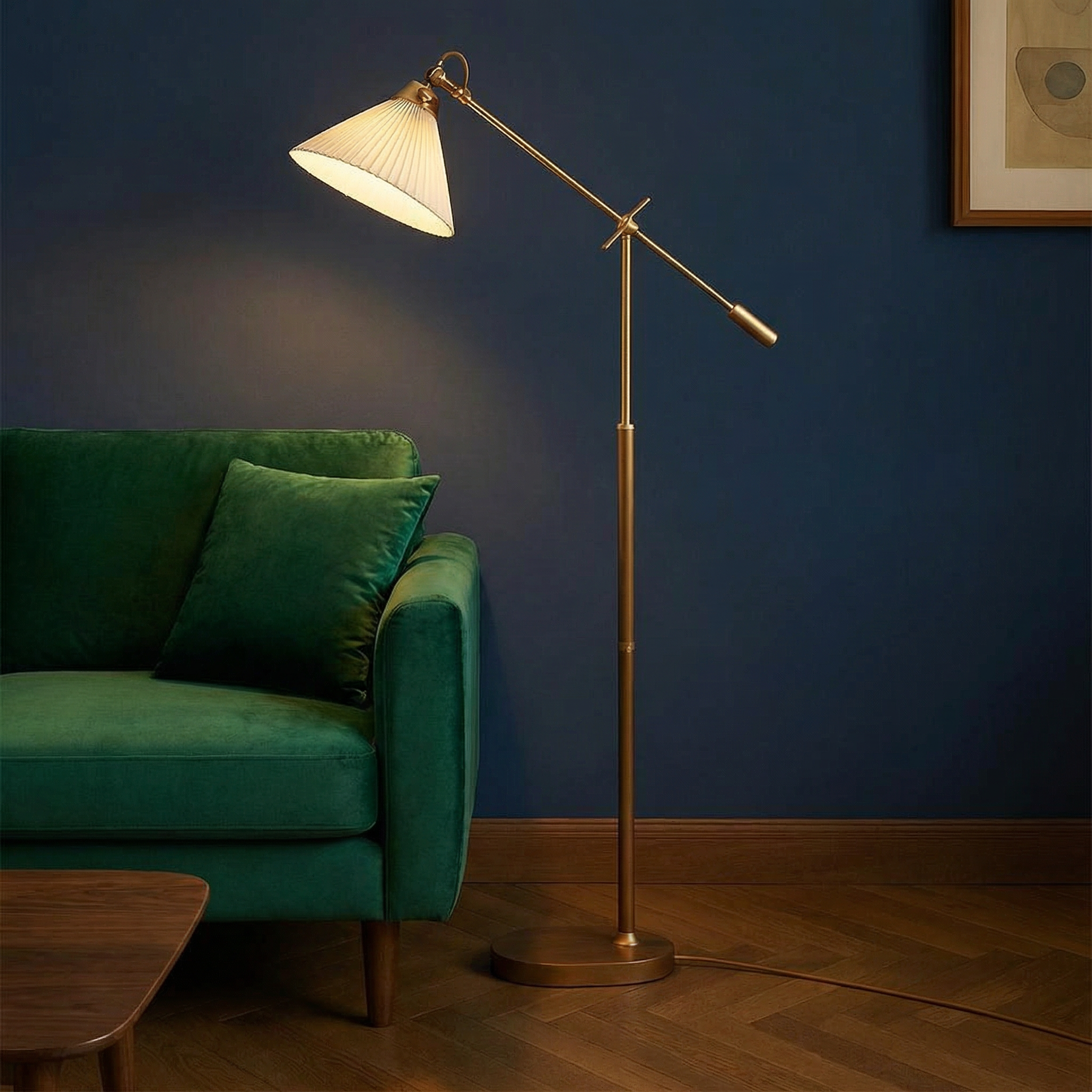Elegant Brass Floor Lamp with Adjustable Arm & Pleated Shade | Modern Lighting for Living Room