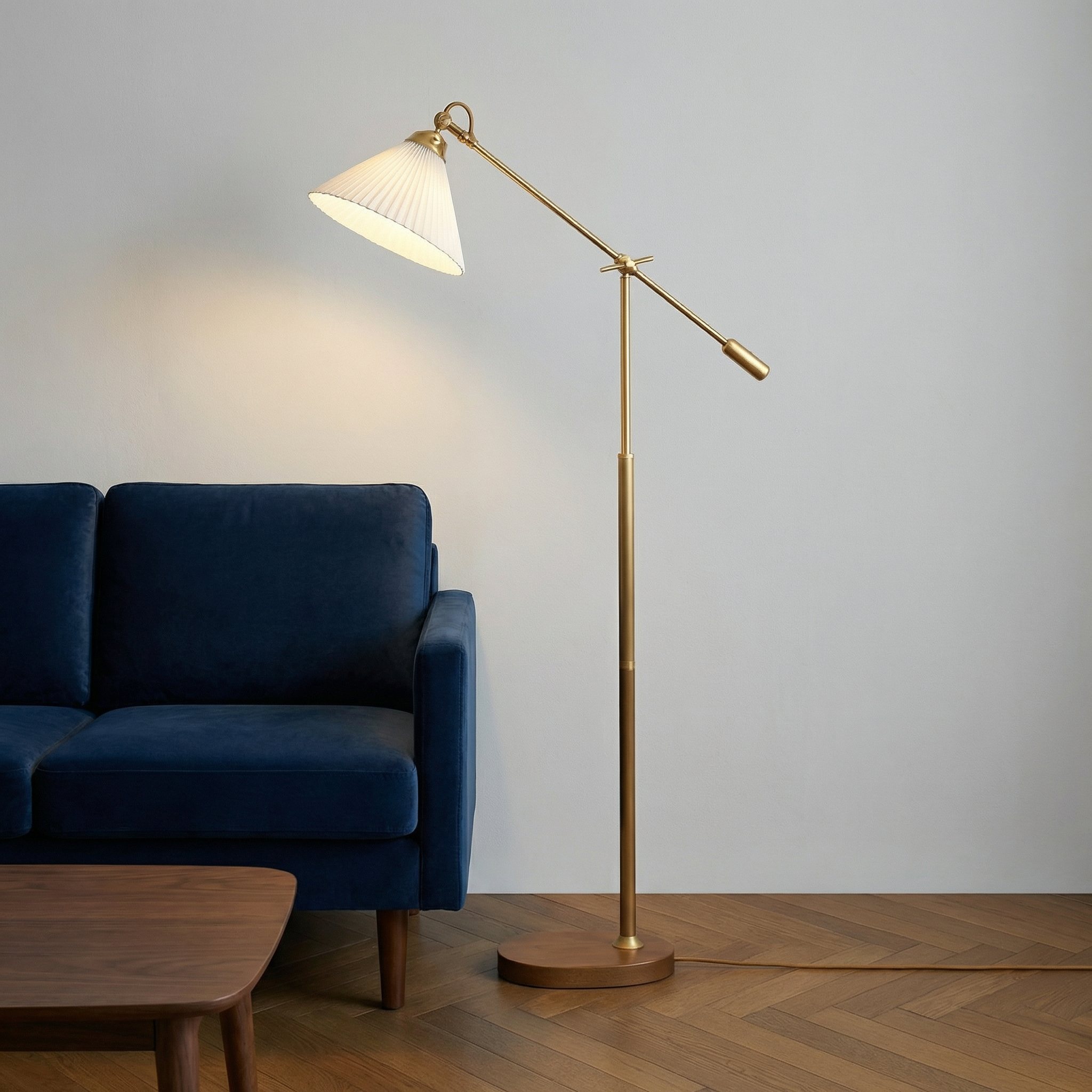 Elegant Brass Floor Lamp with Adjustable Arm & Pleated Shade | Modern Lighting for Living Room