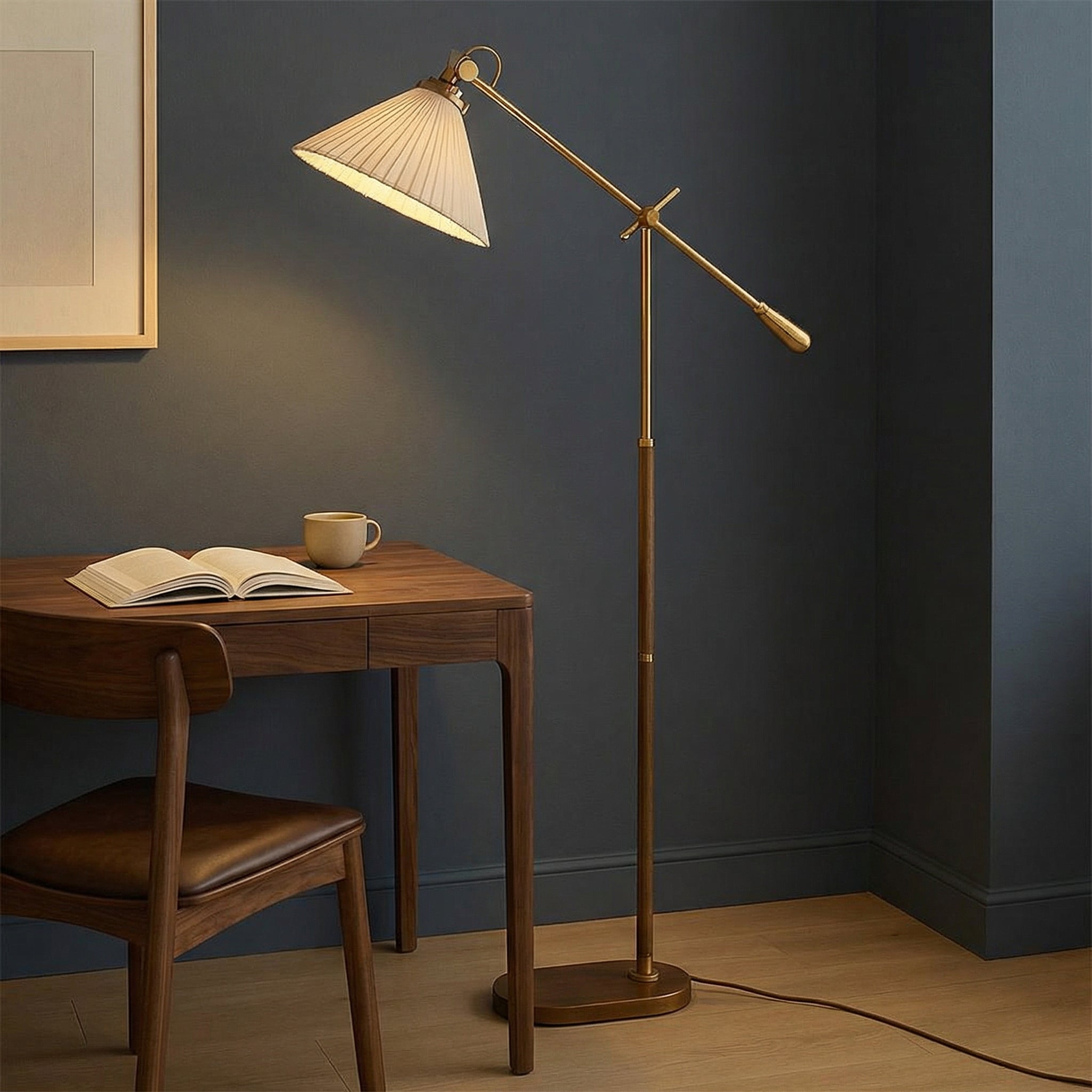 Elegant Brass Floor Lamp with Adjustable Arm & Pleated Shade | Modern Lighting for Living Room