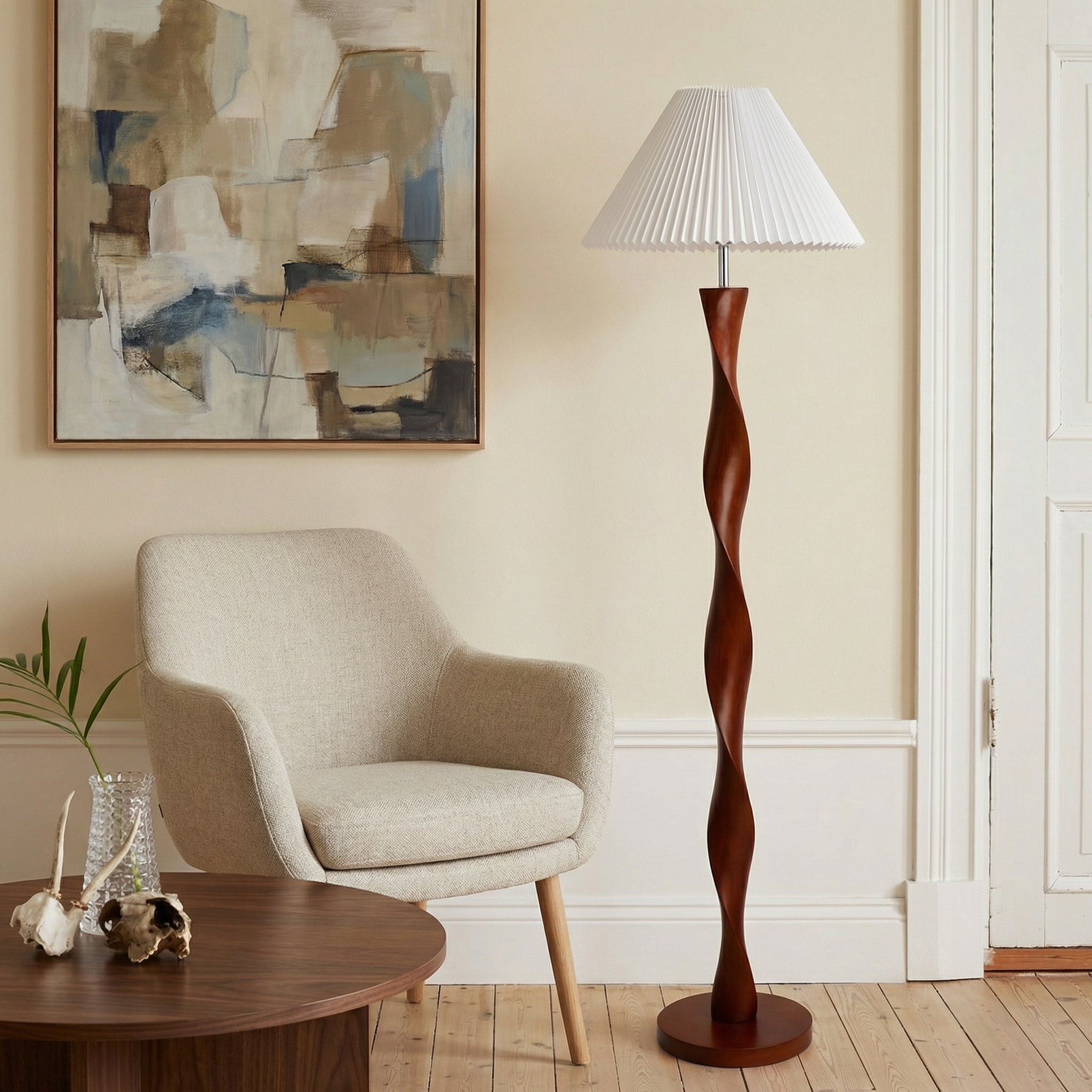 Elegant Walnut Floor Lamp | Modern Standing Lamp with Pleated Shade | Contemporary Design for Warm Ambiance