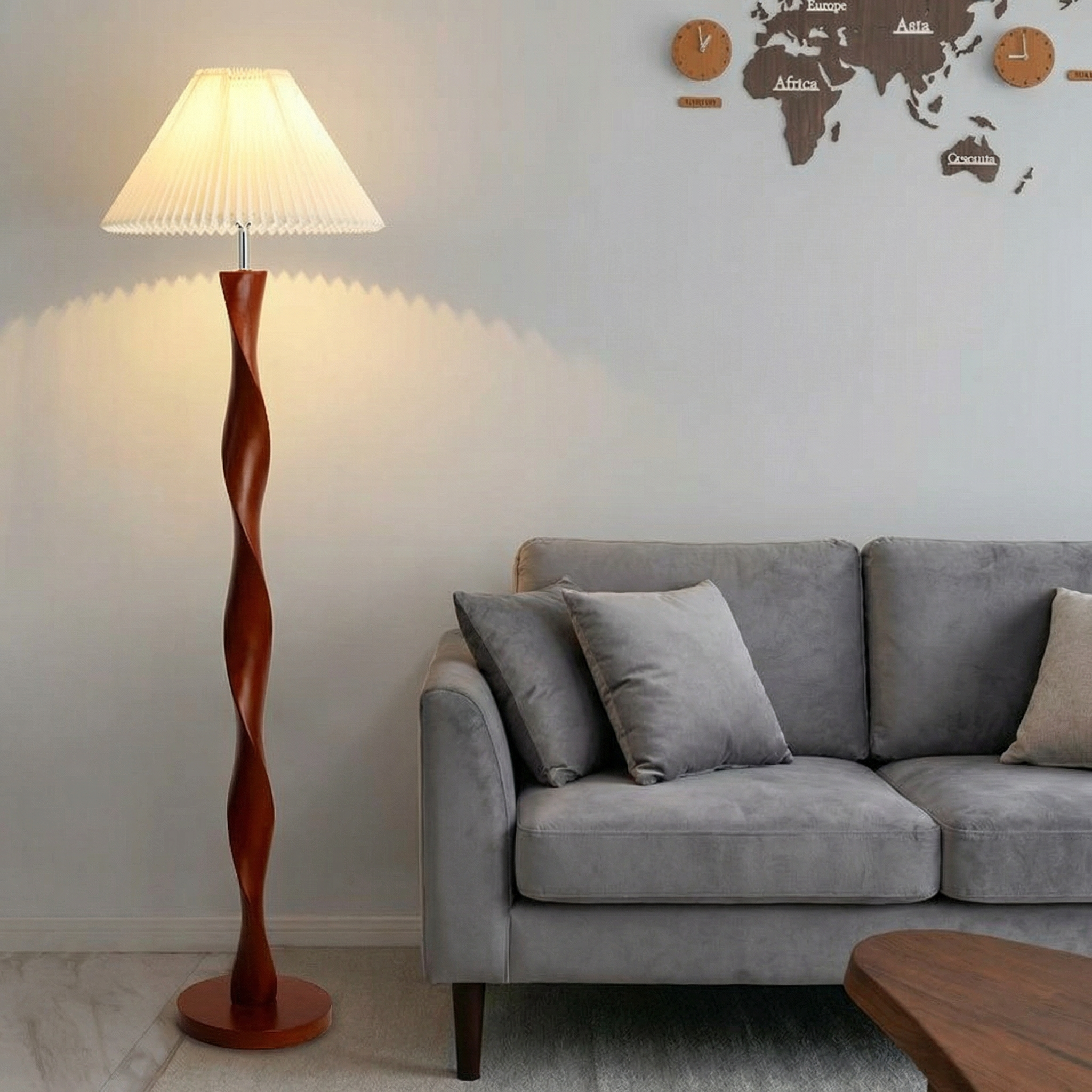Elegant Walnut Floor Lamp | Modern Standing Lamp with Pleated Shade | Contemporary Design for Warm Ambiance