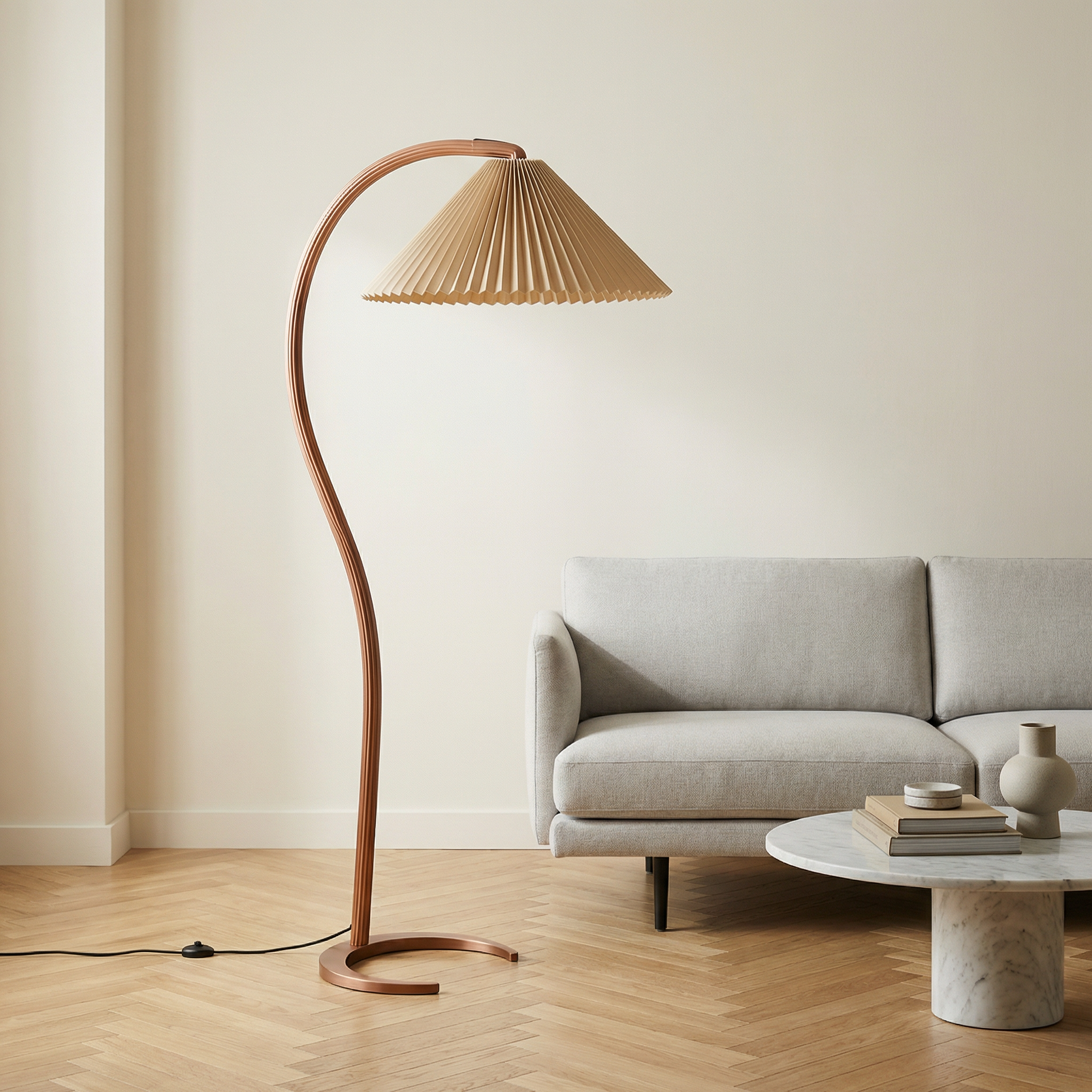 Caprani Collection | Modern Floor Lamp with Curved Beech Wood Stem | Elegant Lighting for Living Room Spaces