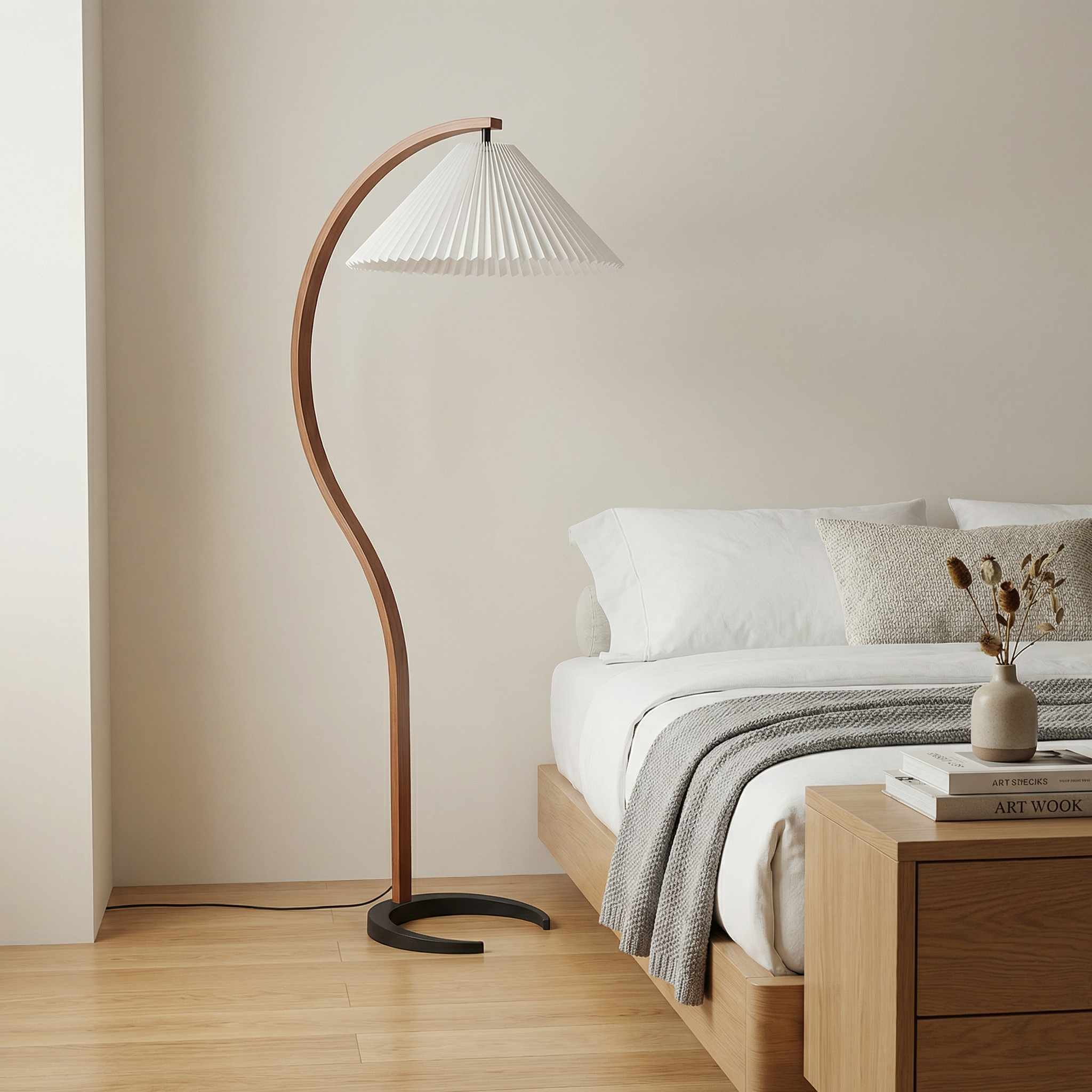 Caprani Collection | Modern Floor Lamp with Curved Beech Wood Stem | Elegant Lighting for Living Room Spaces