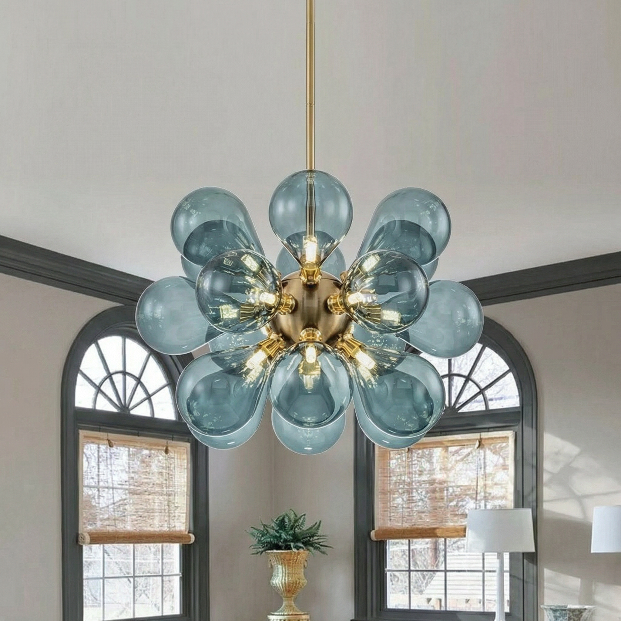 Cluster Glass Chandelier | Modern Chandelier Light with Blue Glass Globes | Adjustable Height for Elegant Dining Room Decor
