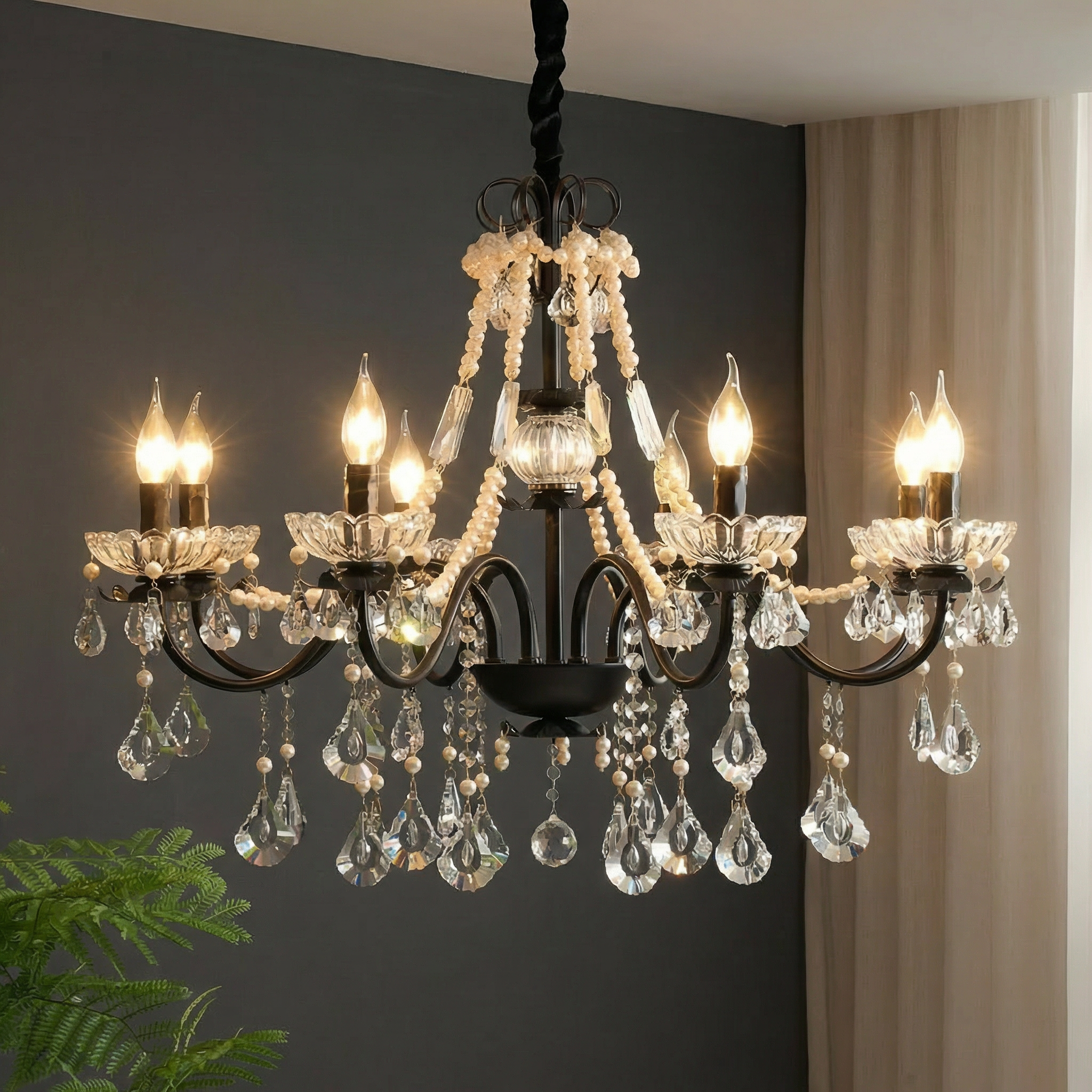 Elegant Crystal Chandelier | Black Modern Design with Adjustable Height | Stunning Lighting for Dining Rooms and Living Areas
