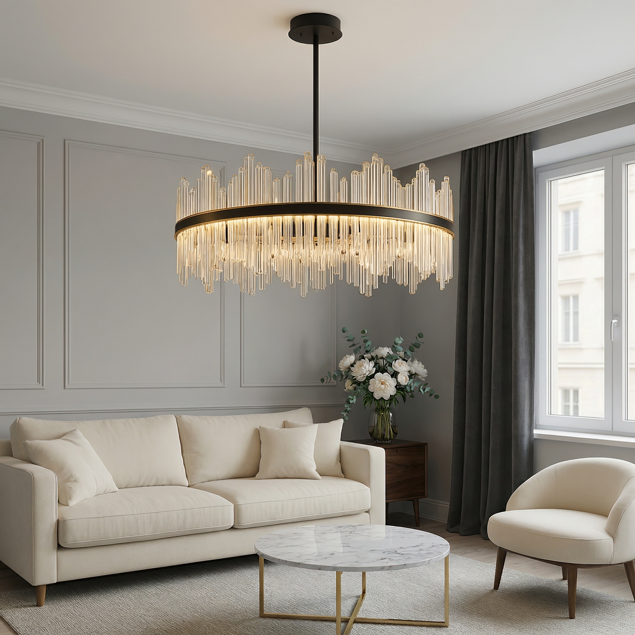 Terri Collection | Crystal Black Chandelier with Adjustable Height | Modern Elegance for Dining and Living Spaces