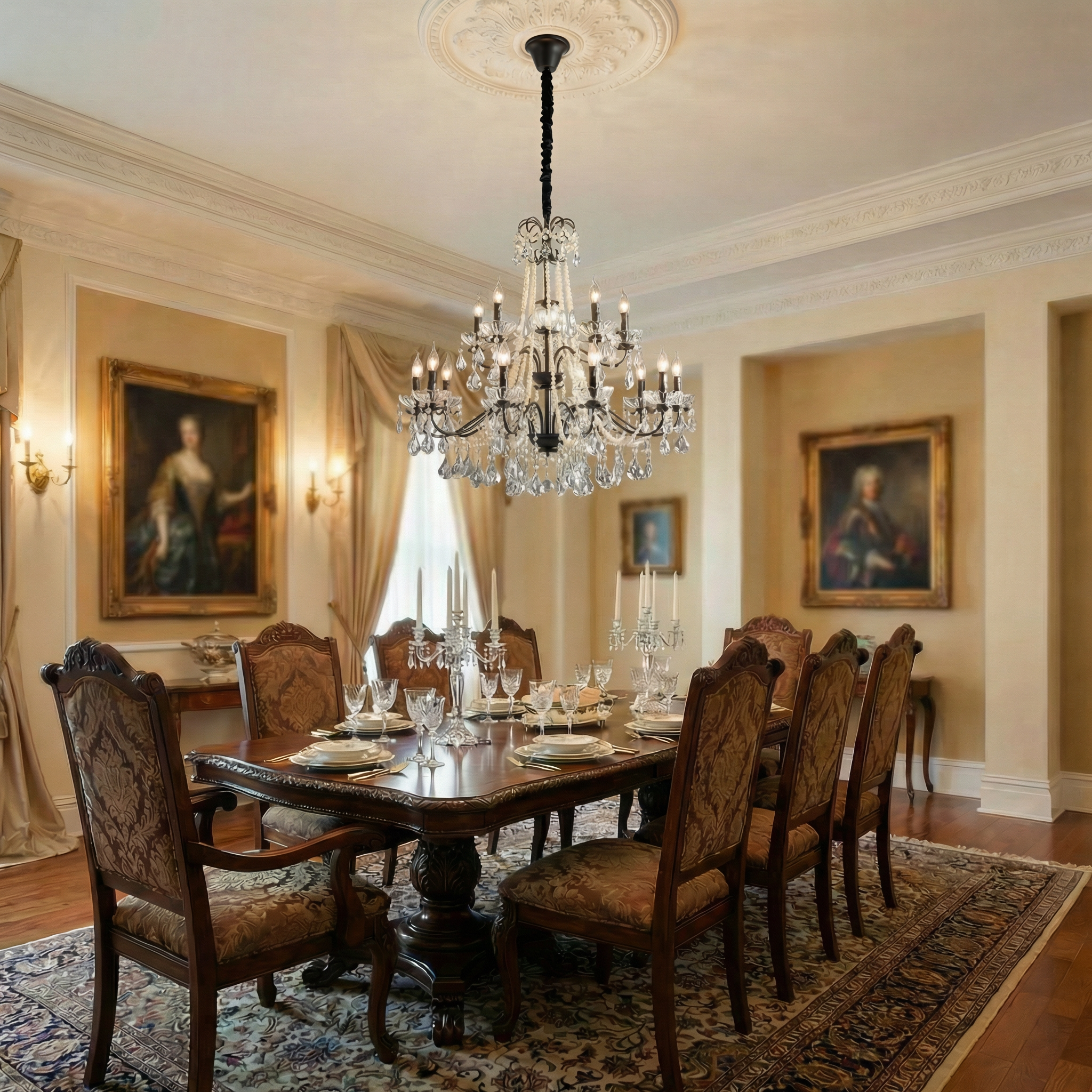 Elegant Crystal Chandelier | Black Modern Design with Adjustable Height | Stunning Lighting for Dining Rooms and Living Areas