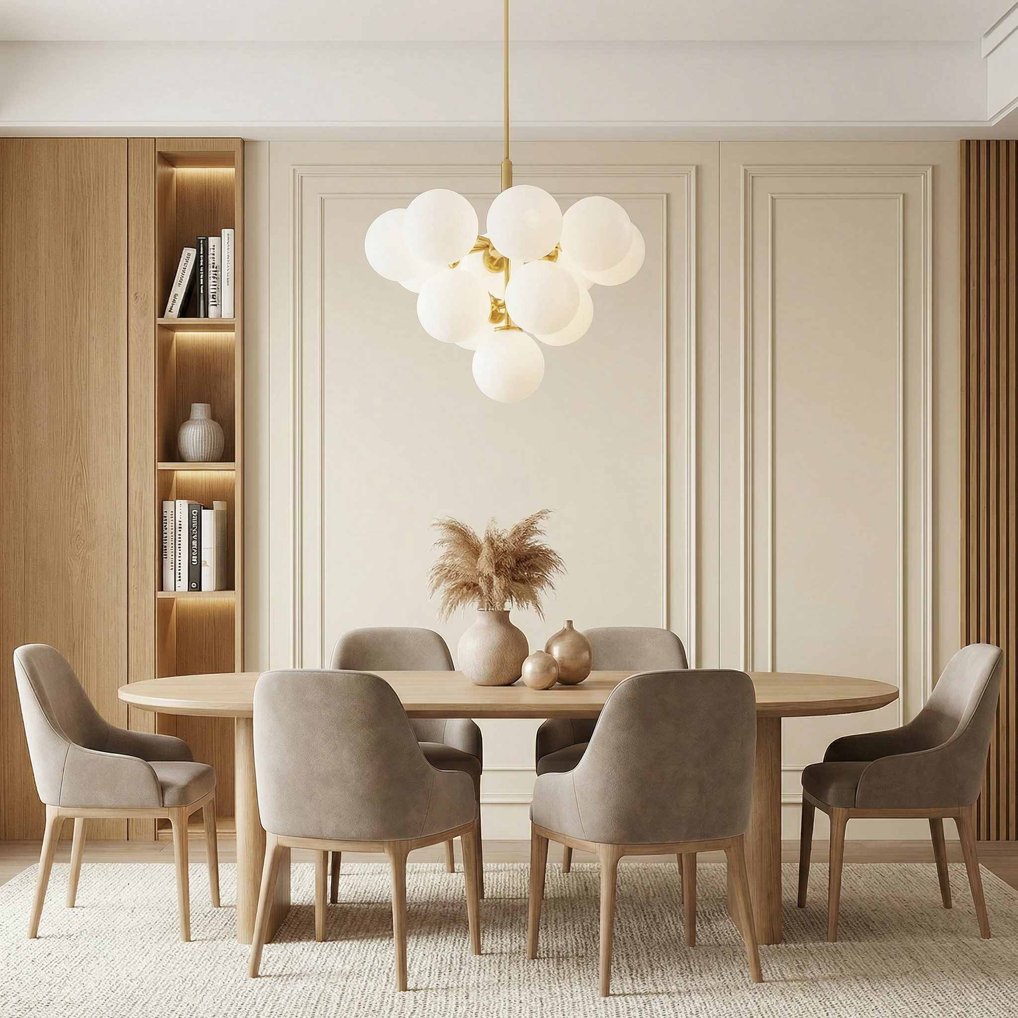 Nordic Elegance | Modern Chandelier Light with Spherical Glass Shades | Height-Adjustable Design for Warm Dining Room Ambiance
