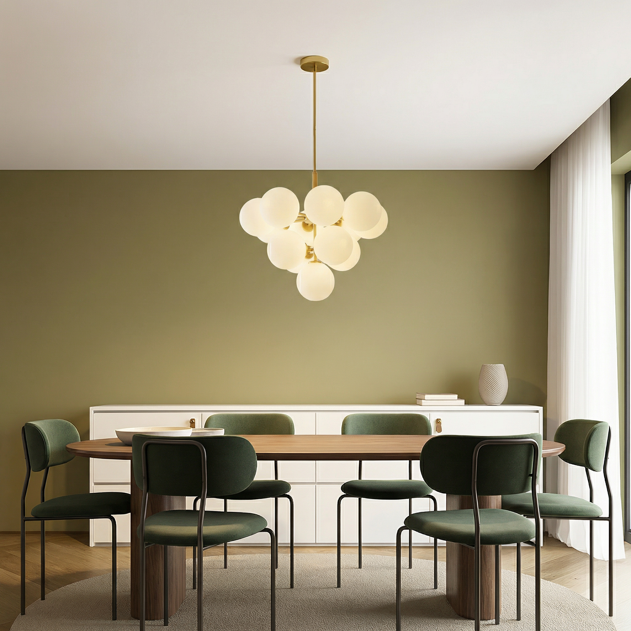 Nordic Elegance | Modern Chandelier Light with Spherical Glass Shades | Height-Adjustable Design for Warm Dining Room Ambiance