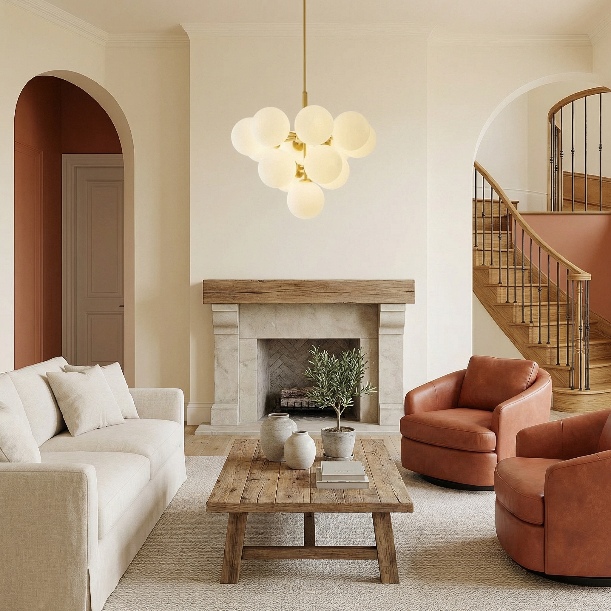 Nordic Elegance | Modern Chandelier Light with Spherical Glass Shades | Height-Adjustable Design for Warm Dining Room Ambiance