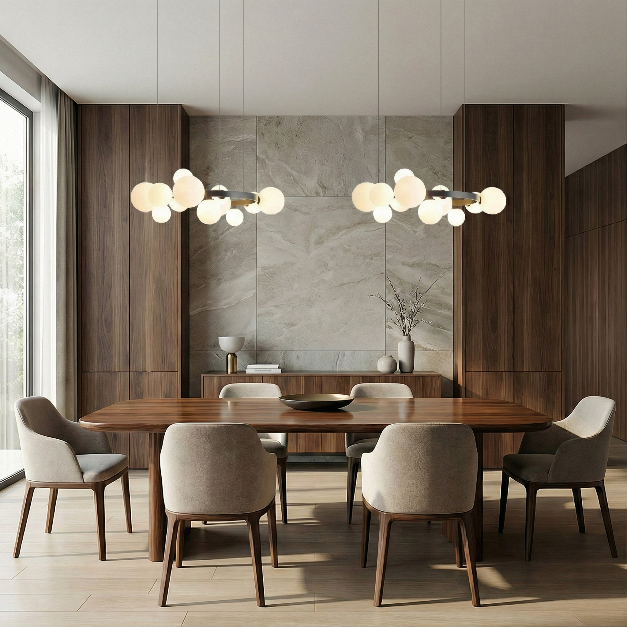 Nordic Elegance | Modern Chandelier Light with Adjustable Height | Sculptural Globe Design for Cozy Dining Rooms