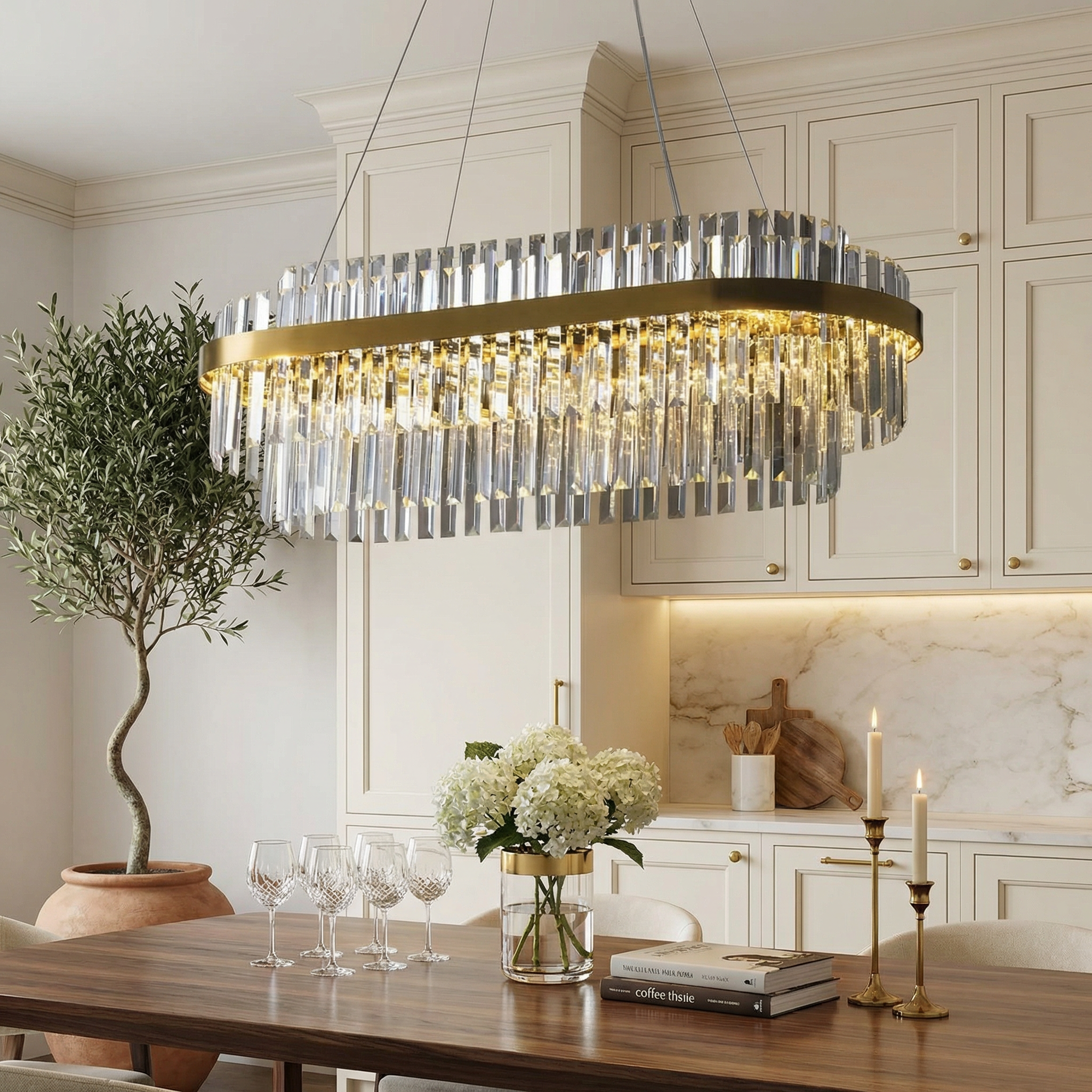 Elegant Crystal Chandelier | Modern Design with LED Lighting | Adjustable Height for Dining Room Ambiance
