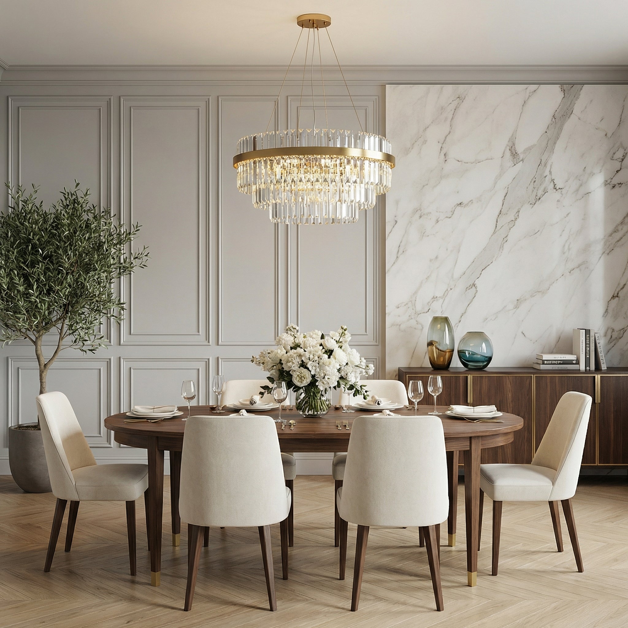 Elegant Crystal Chandelier | Modern Design with LED Lighting | Adjustable Height for Dining Room Ambiance