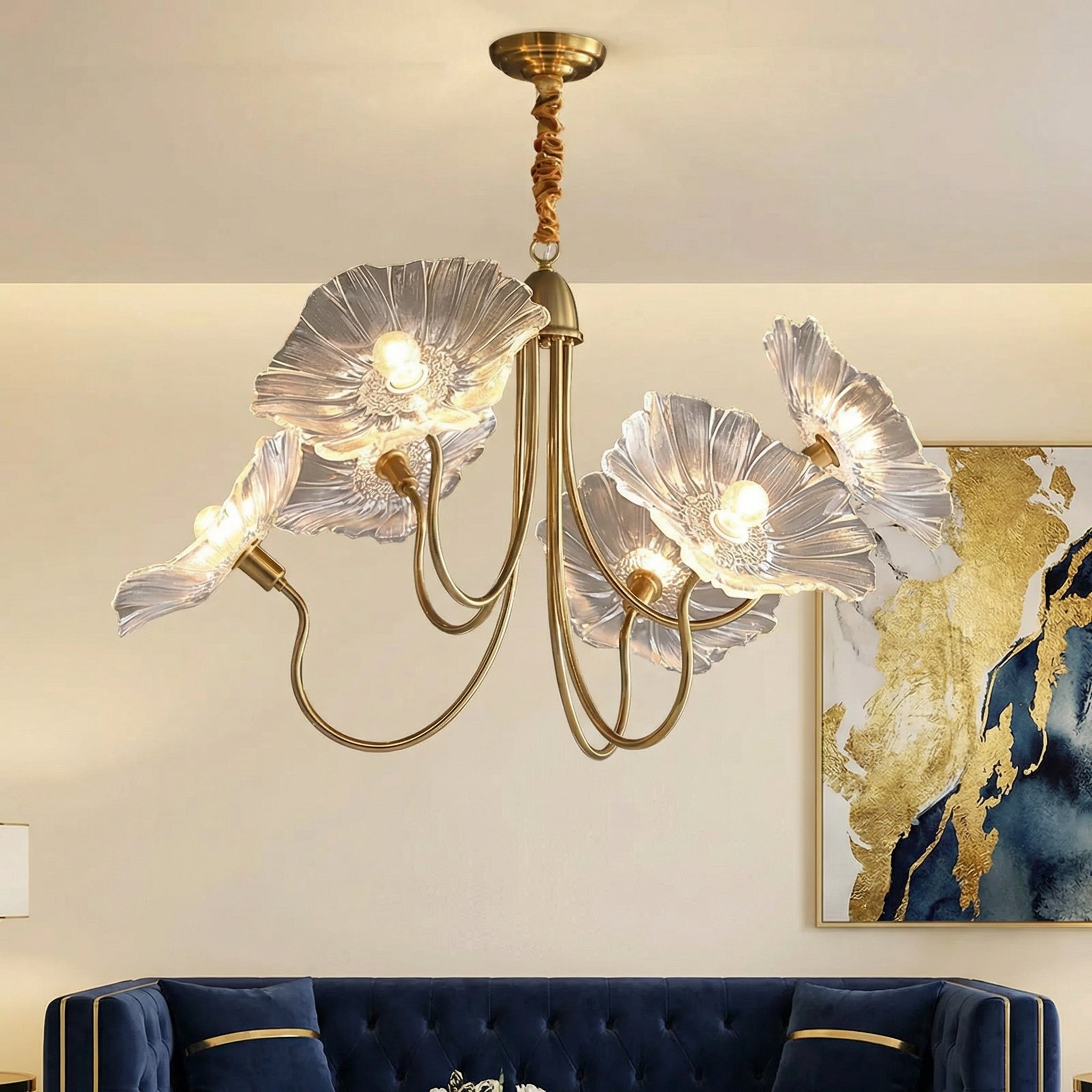 Lotus Collection | Modern Chandelier Light with Adjustable Height | Unique Glass Design for Warm Dining Room Ambiance