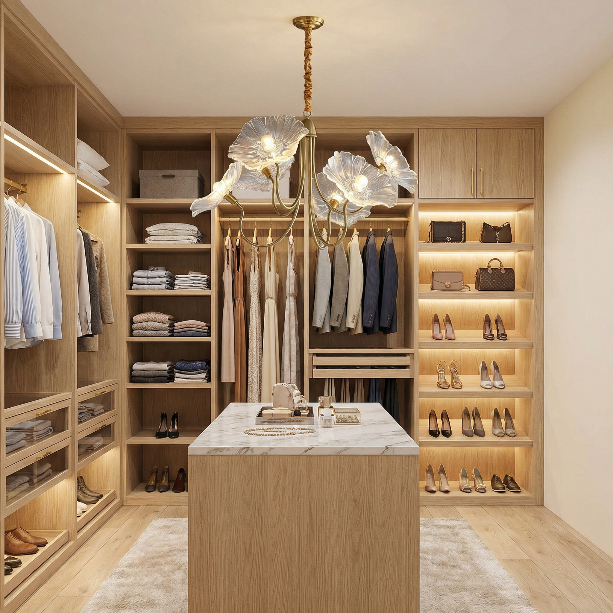 Lotus Collection | Modern Chandelier Light with Adjustable Height | Unique Glass Design for Warm Dining Room Ambiance