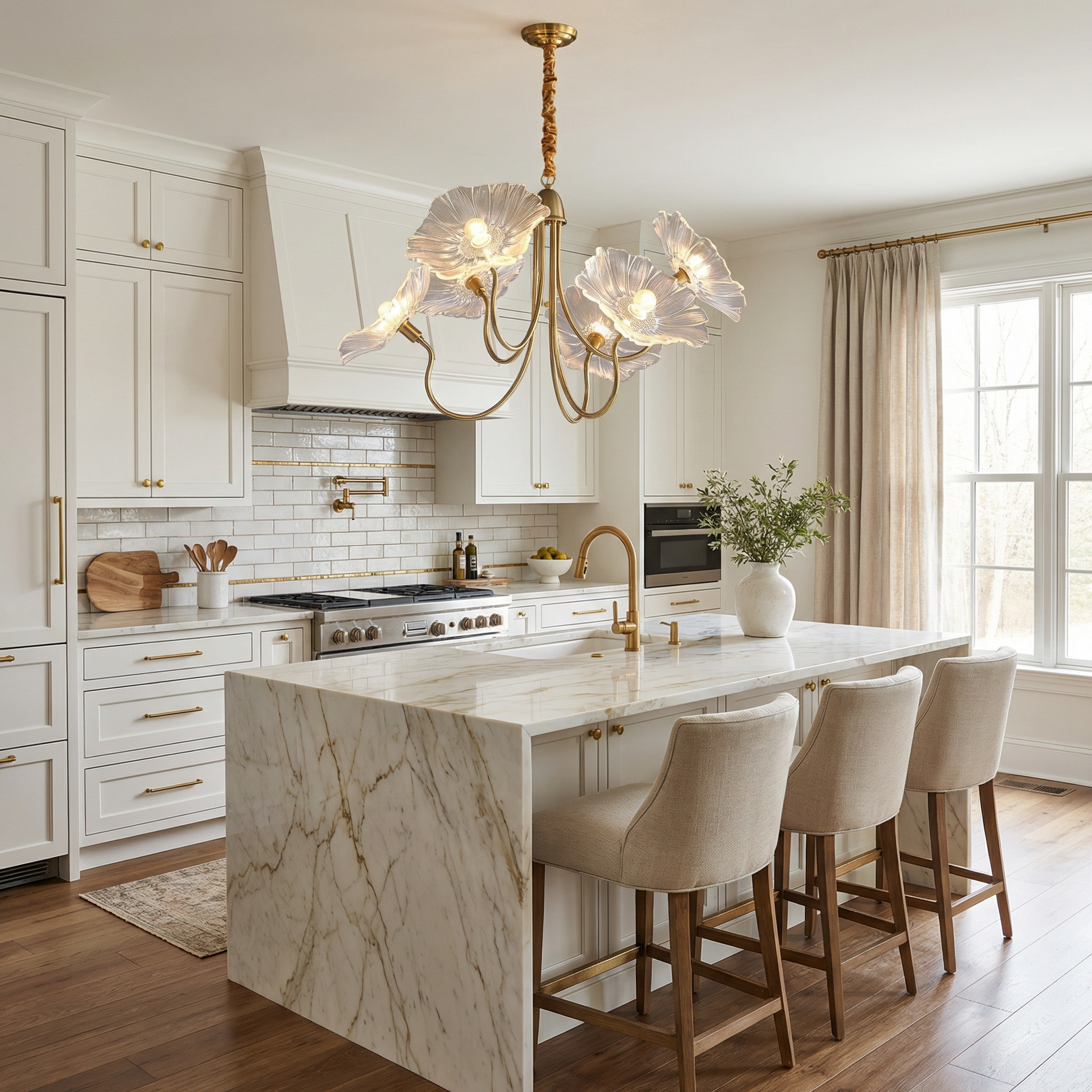 Lotus Collection | Modern Chandelier Light with Adjustable Height | Unique Glass Design for Warm Dining Room Ambiance