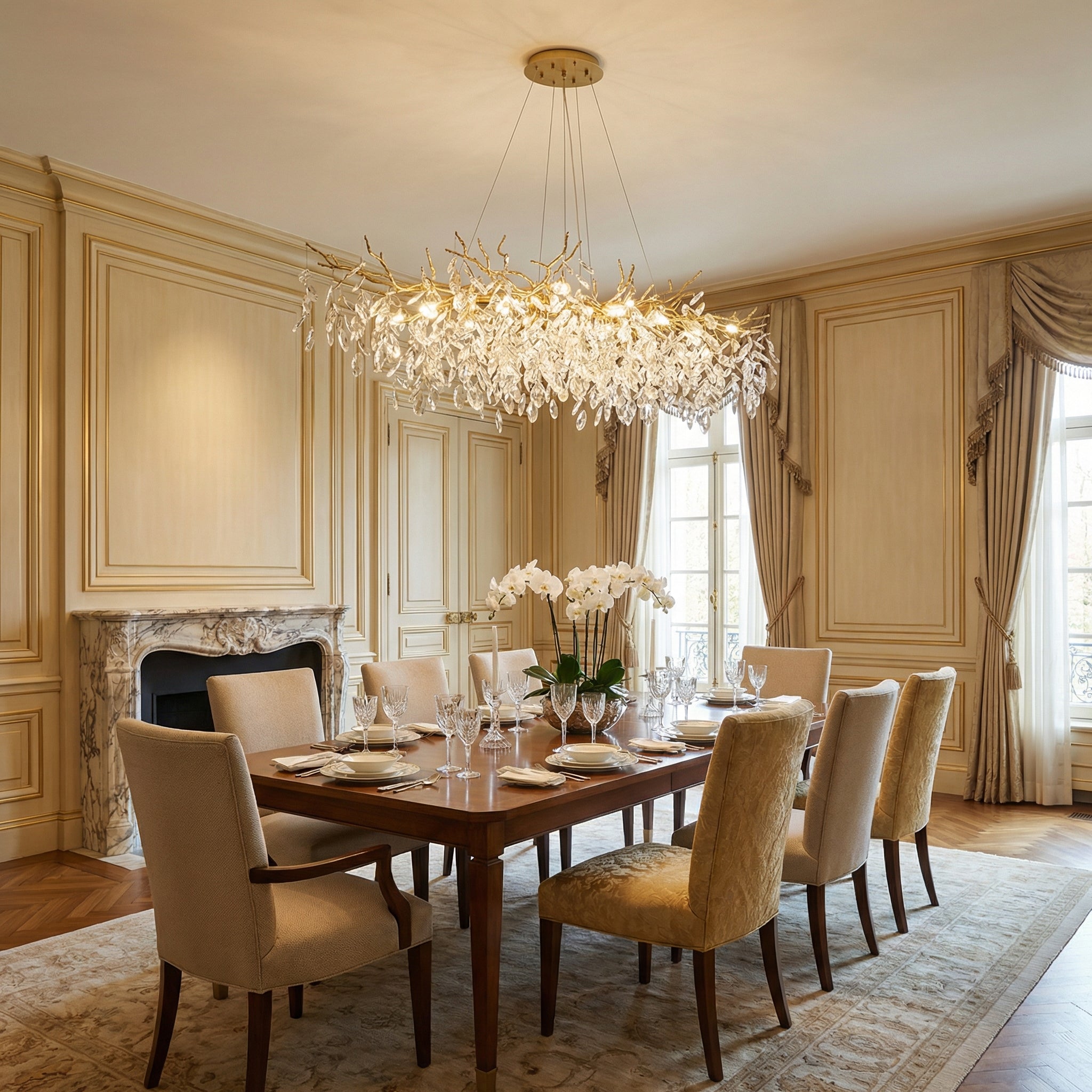 Elegant Glass Chandelier | Modern Crystal Lighting with Height-Adjustable Design for Dining Room Ambiance