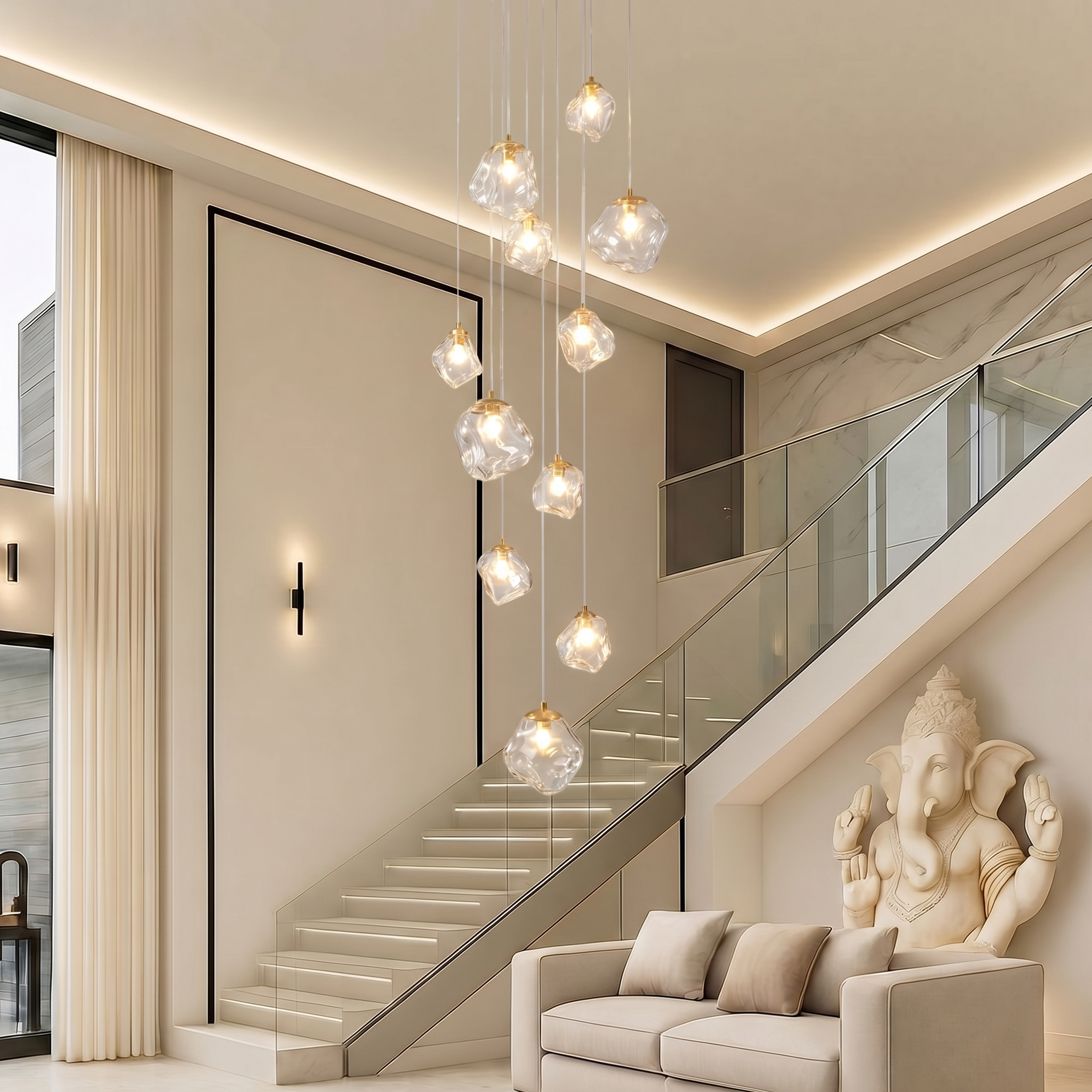 Staircase Chandelier for High Ceilings | Modern Glass Pendant Light | Kelvinum