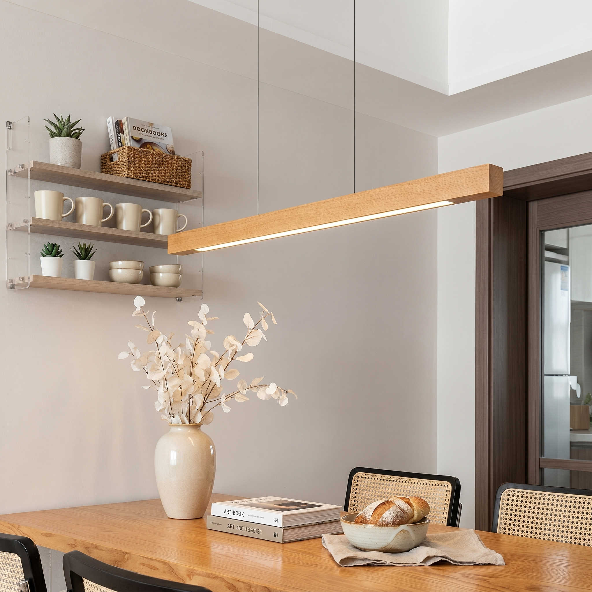 Modern Linear Wood Pendant Light | LED Ceiling Lamp for Kitchen Island & Dining Table