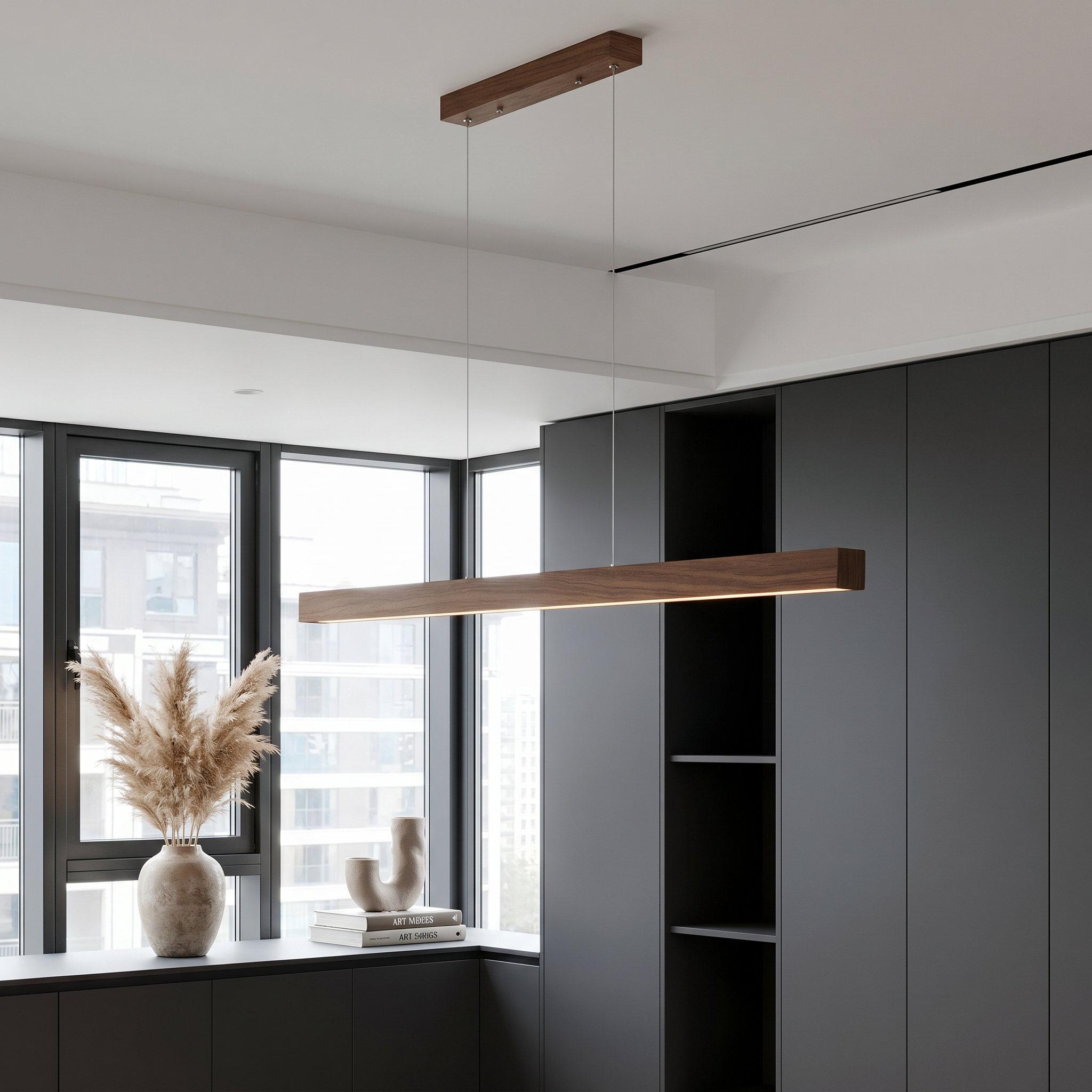 Modern Linear Wood Pendant Light | LED Ceiling Lamp for Kitchen Island & Dining Table