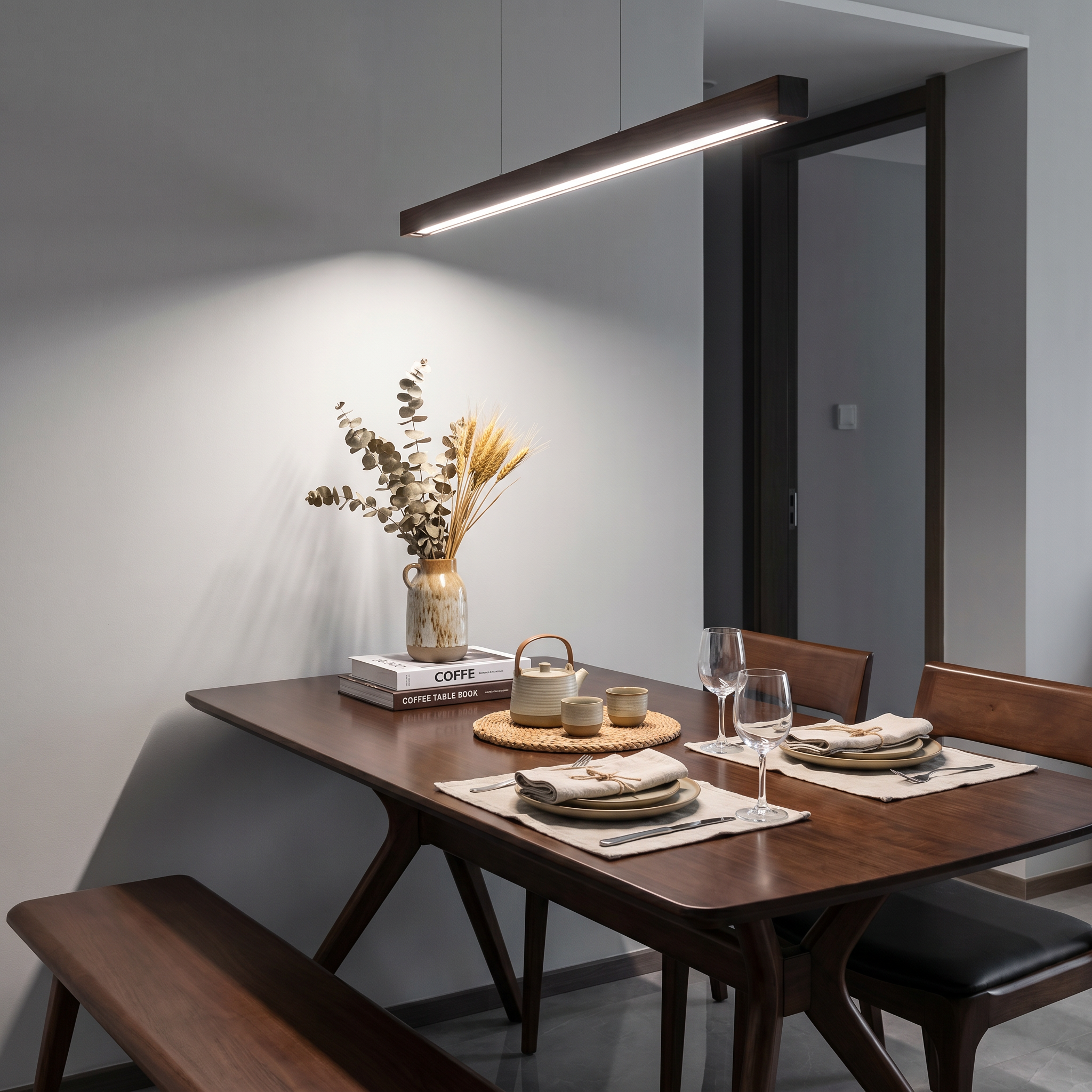 Modern Linear Wood Pendant Light | LED Ceiling Lamp for Kitchen Island & Dining Table