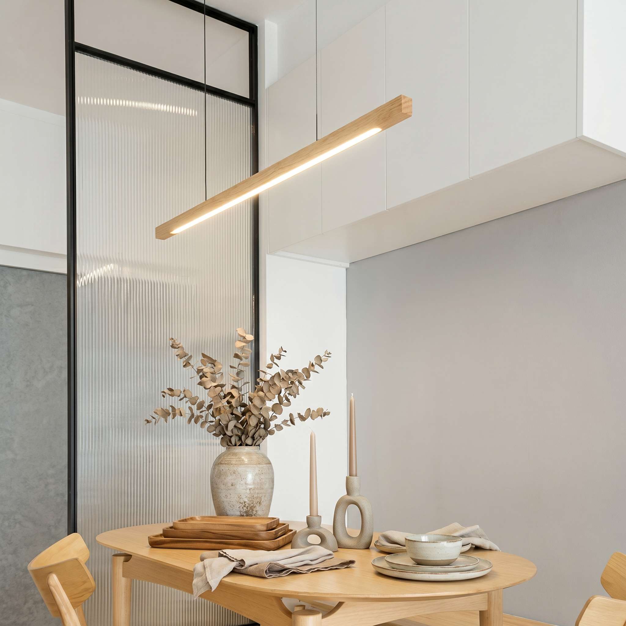 Modern Linear Wood Pendant Light | LED Ceiling Lamp for Kitchen Island & Dining Table