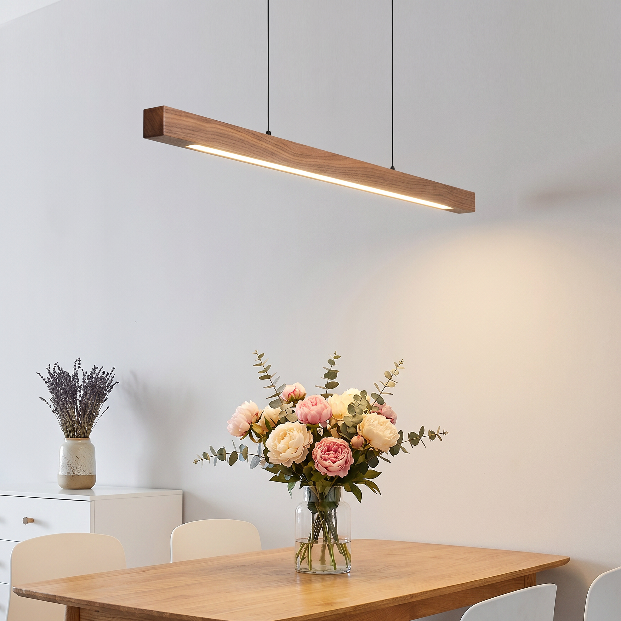 Modern Linear Wood Pendant Light | LED Ceiling Lamp for Kitchen Island & Dining Table