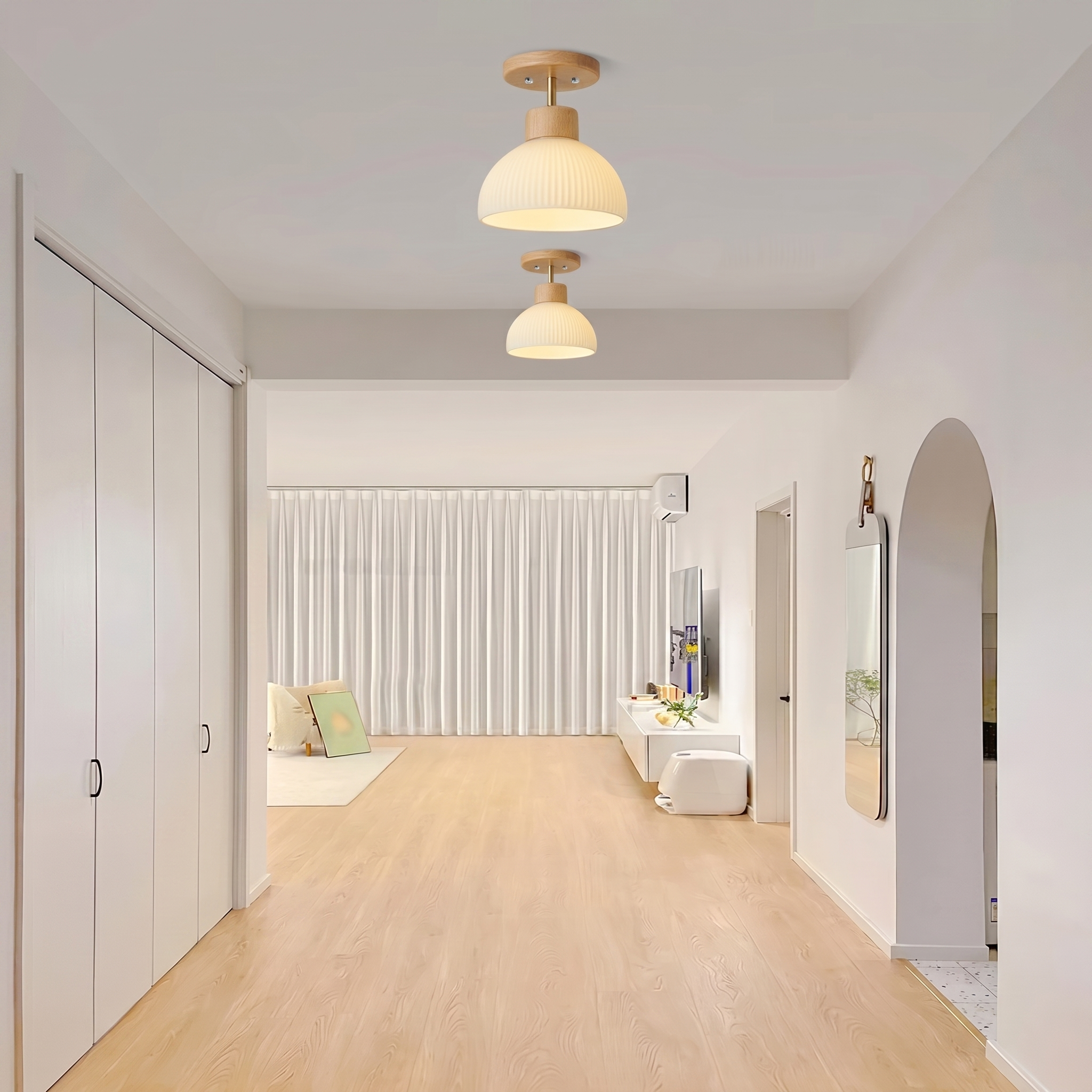 Modern Flush Mount Ceiling Light | Wood Glass Lamp for Hallway, Kitchen & Bedroom