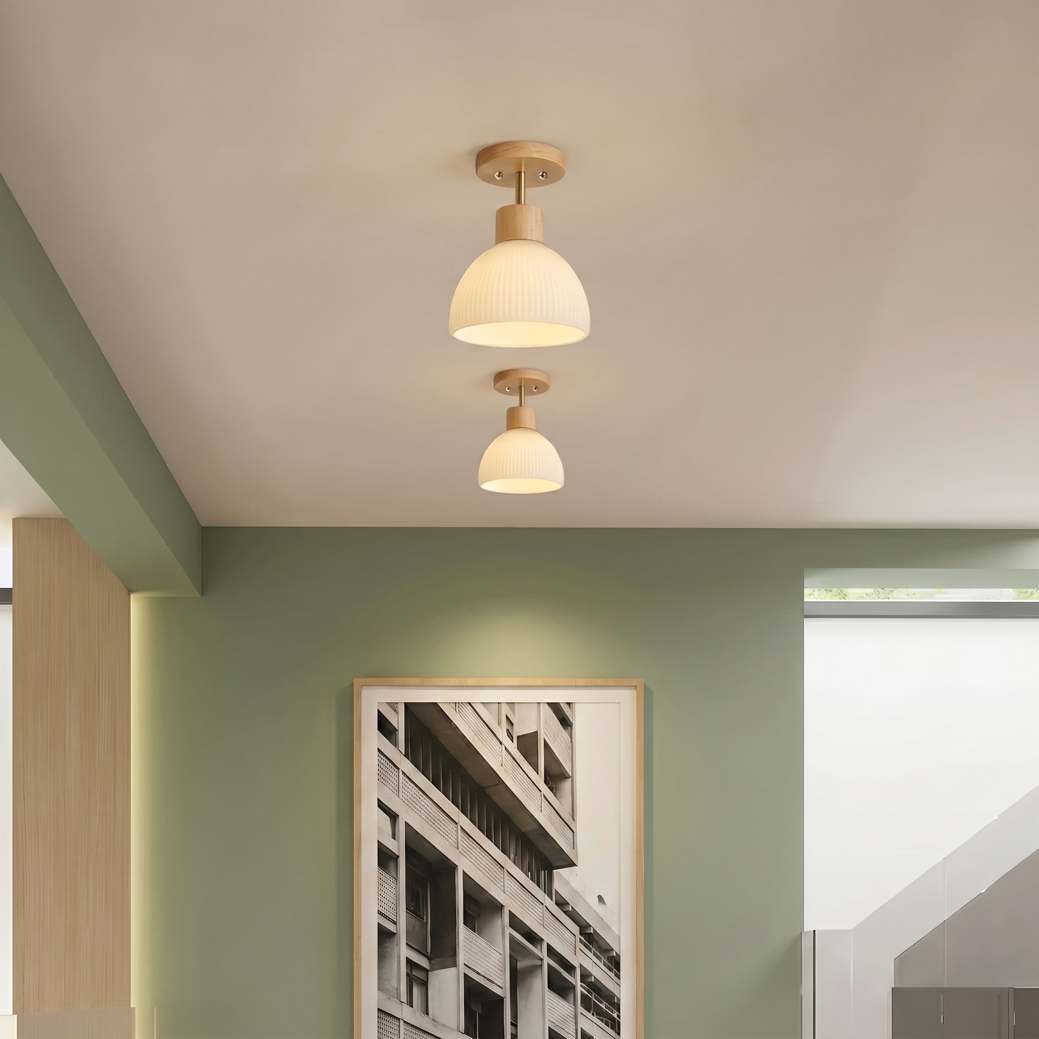 Modern Flush Mount Ceiling Light | Wood Glass Lamp for Hallway, Kitchen & Bedroom