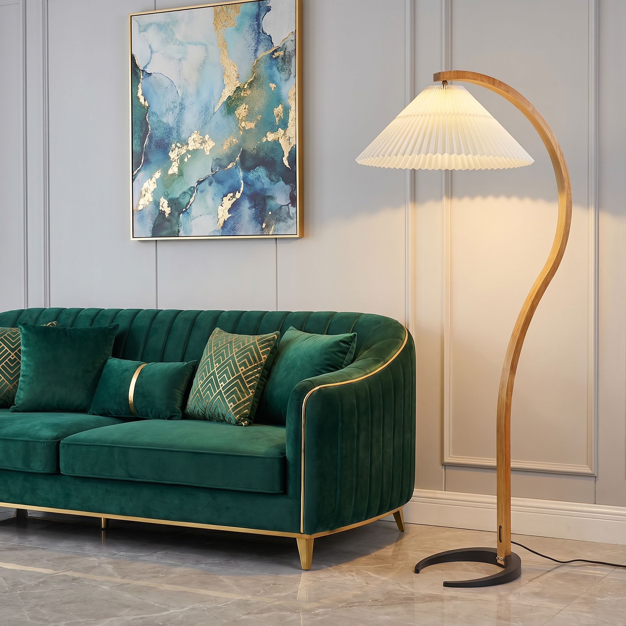 Caprani Collection | Modern Floor Lamp with Curved Beech Wood Stem | Elegant Lighting for Living Room Spaces