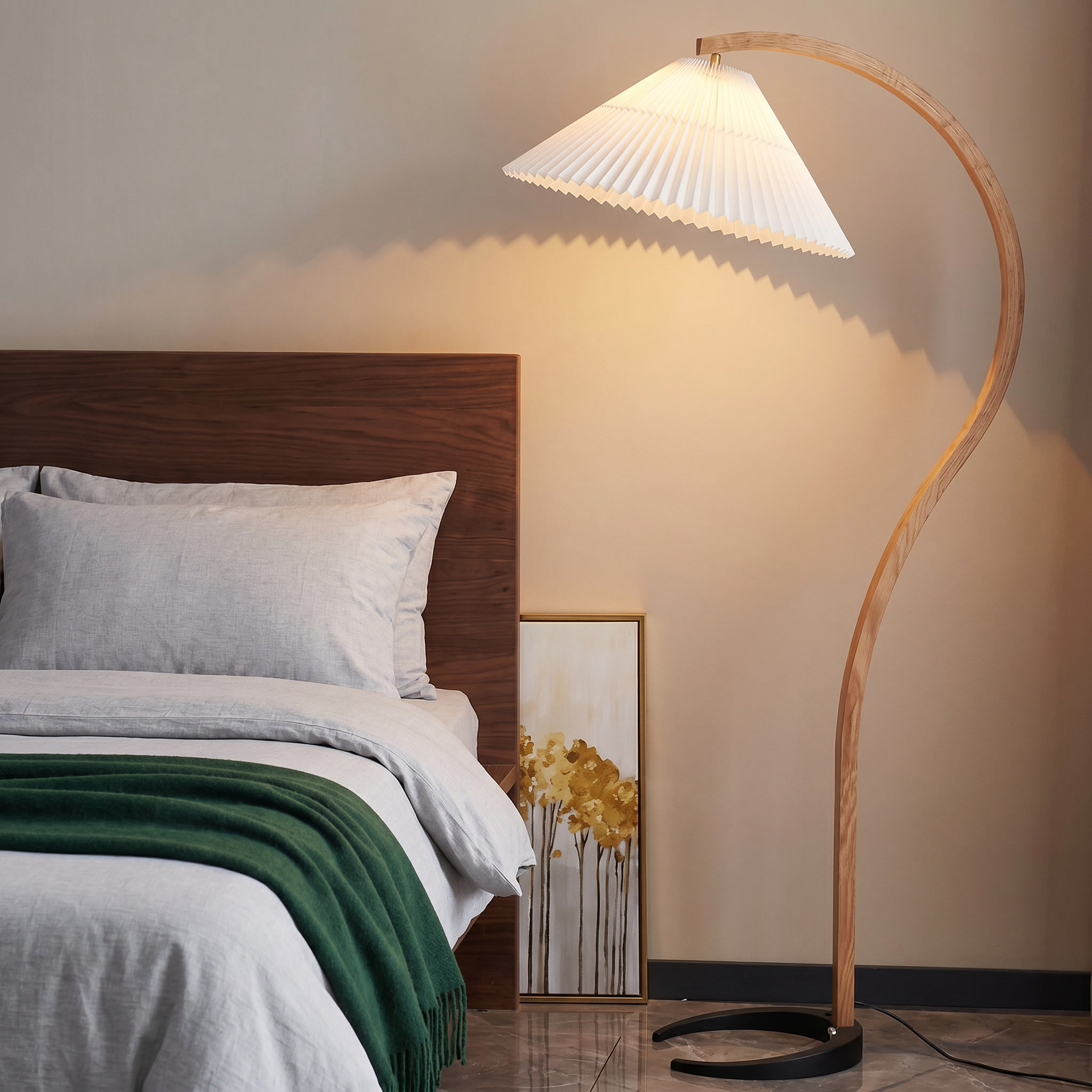 Caprani Collection | Modern Floor Lamp with Curved Beech Wood Stem | Elegant Lighting for Living Room Spaces