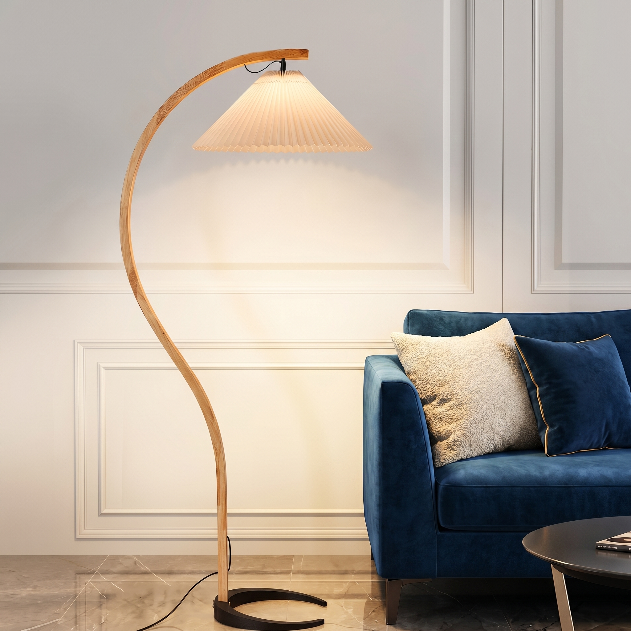 Caprani Collection | Modern Floor Lamp with Curved Beech Wood Stem | Elegant Lighting for Living Room Spaces