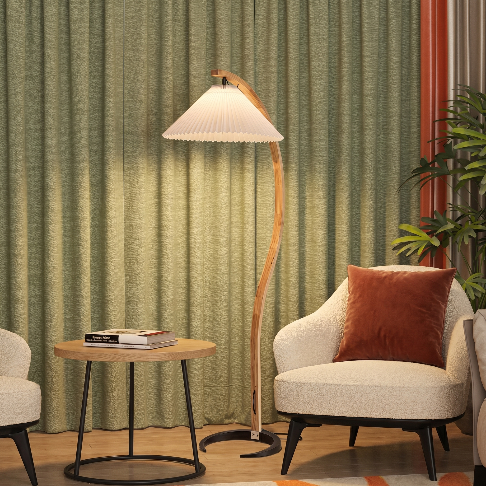Caprani Collection | Modern Floor Lamp with Curved Beech Wood Stem | Elegant Lighting for Living Room Spaces