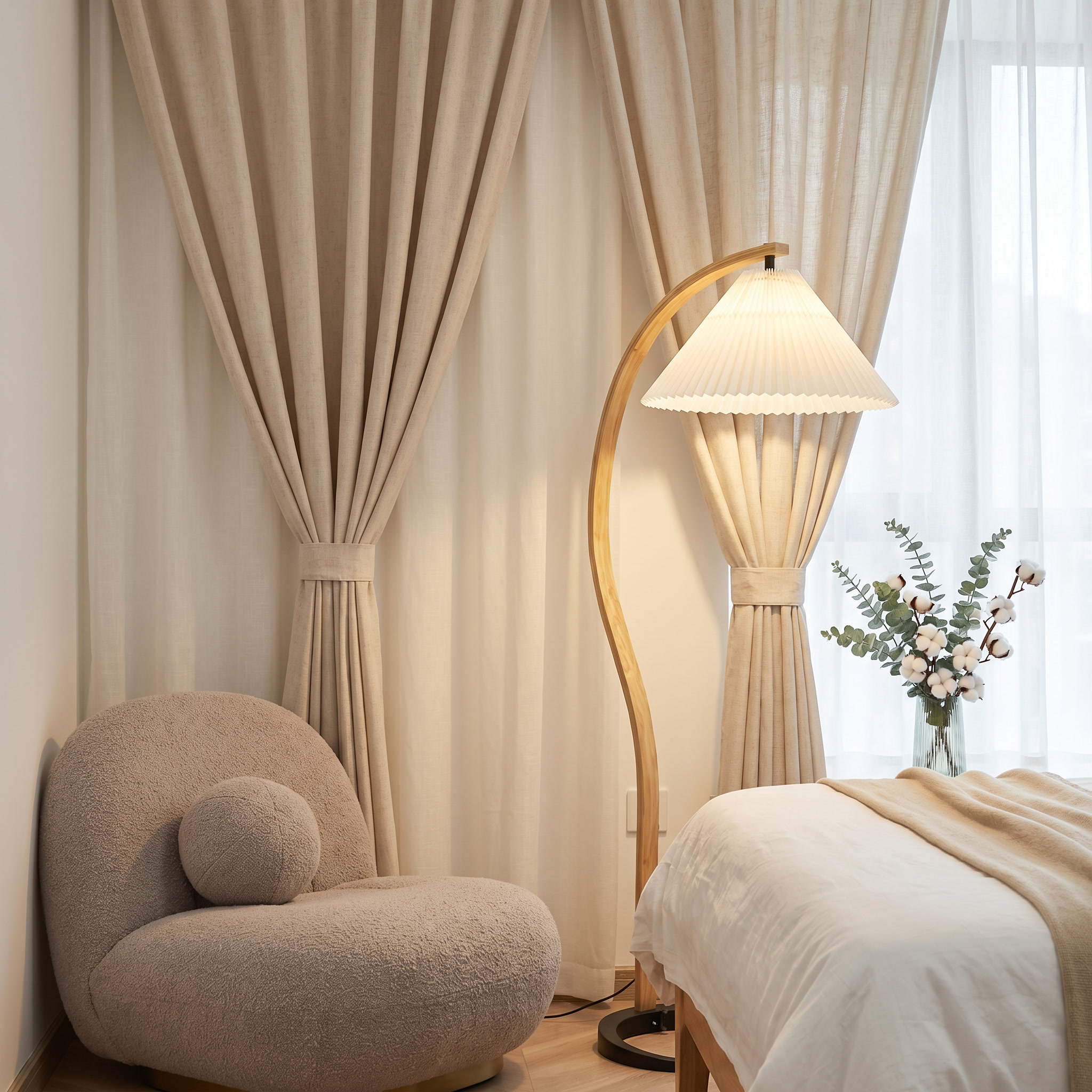 Caprani Collection | Modern Floor Lamp with Curved Beech Wood Stem | Elegant Lighting for Living Room Spaces