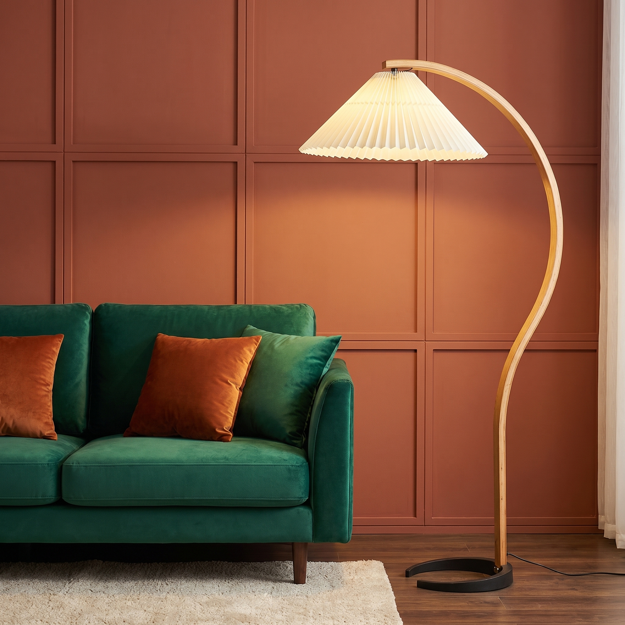 Caprani Collection | Modern Floor Lamp with Curved Beech Wood Stem | Elegant Lighting for Living Room Spaces