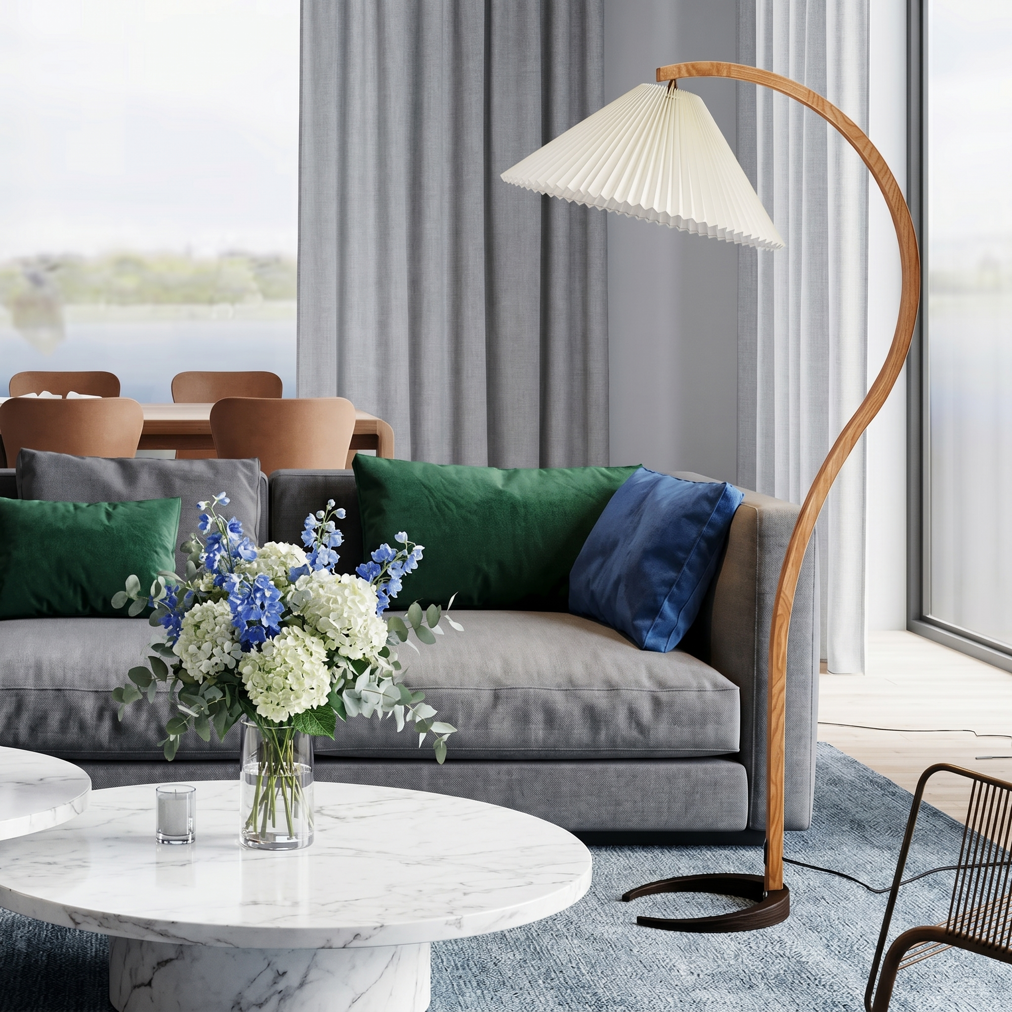 Caprani Collection | Modern Floor Lamp with Curved Beech Wood Stem | Elegant Lighting for Living Room Spaces