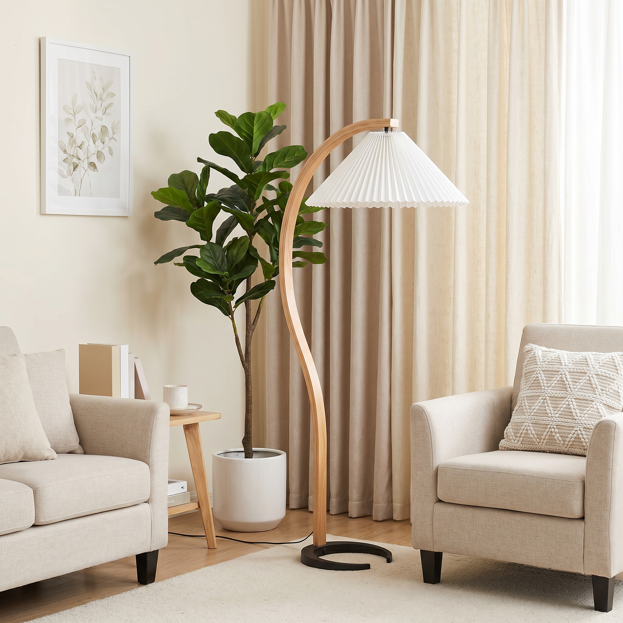 Caprani Collection | Modern Floor Lamp with Curved Beech Wood Stem | Elegant Lighting for Living Room Spaces