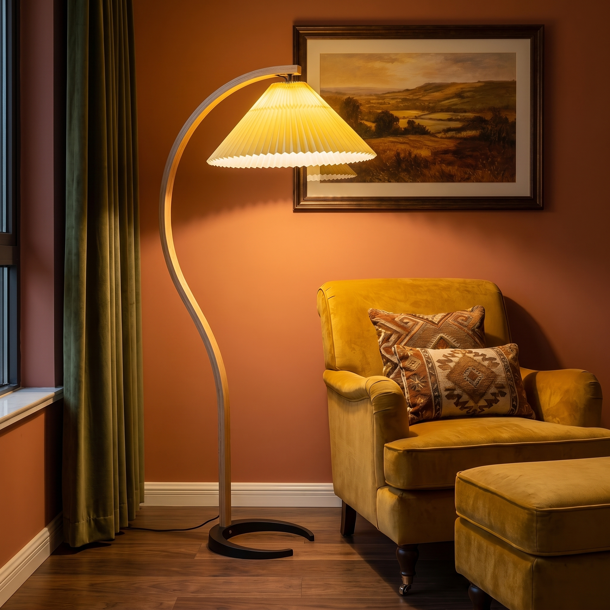 Caprani Collection | Modern Floor Lamp with Curved Beech Wood Stem | Elegant Lighting for Living Room Spaces