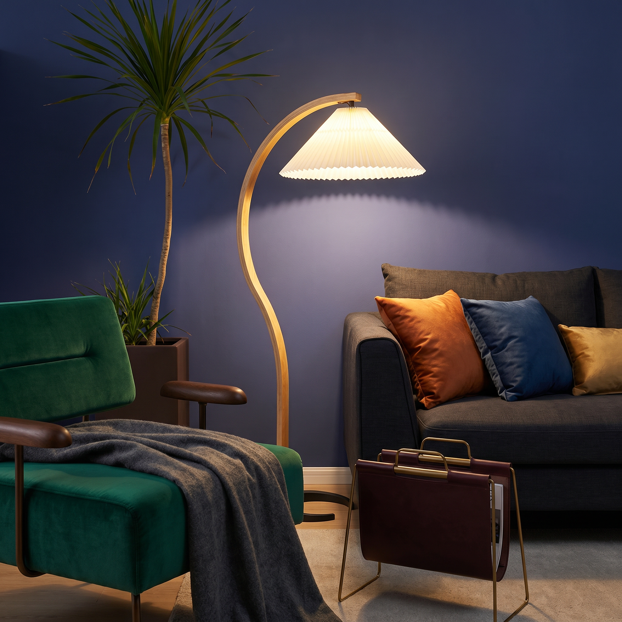 Caprani Collection | Modern Floor Lamp with Curved Beech Wood Stem | Elegant Lighting for Living Room Spaces