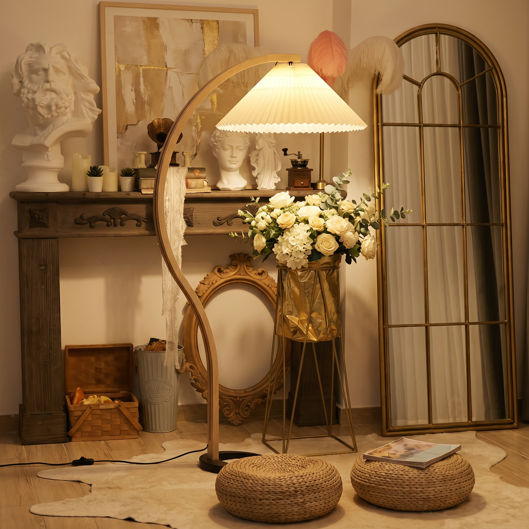 Caprani Collection | Modern Floor Lamp with Curved Beech Wood Stem | Elegant Lighting for Living Room Spaces