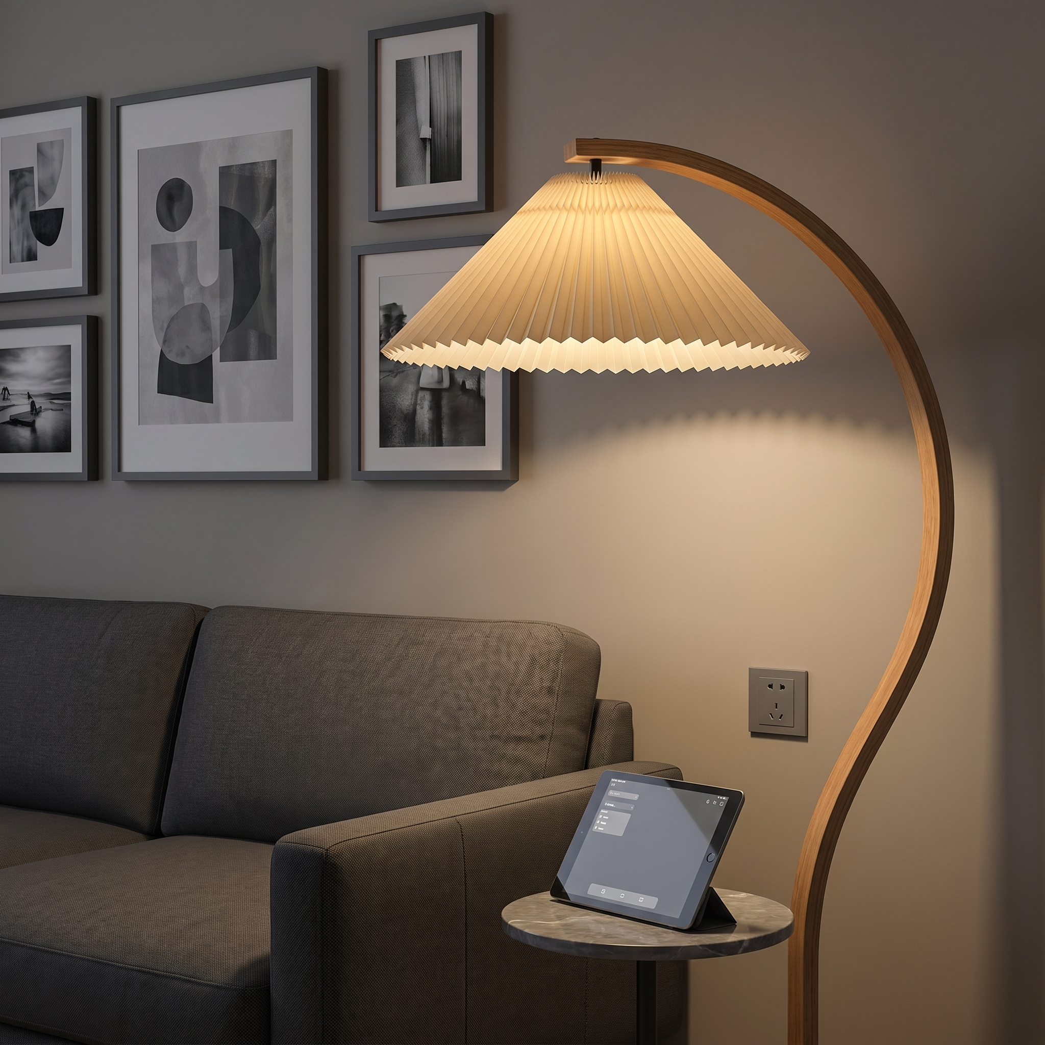 Caprani Collection | Modern Floor Lamp with Curved Beech Wood Stem | Elegant Lighting for Living Room Spaces