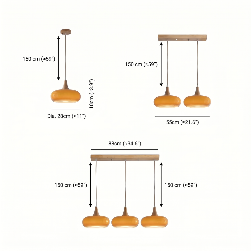 AmberGlow | Elegant Amber Glass Kitchen Pendant Lighting with Wooden Top