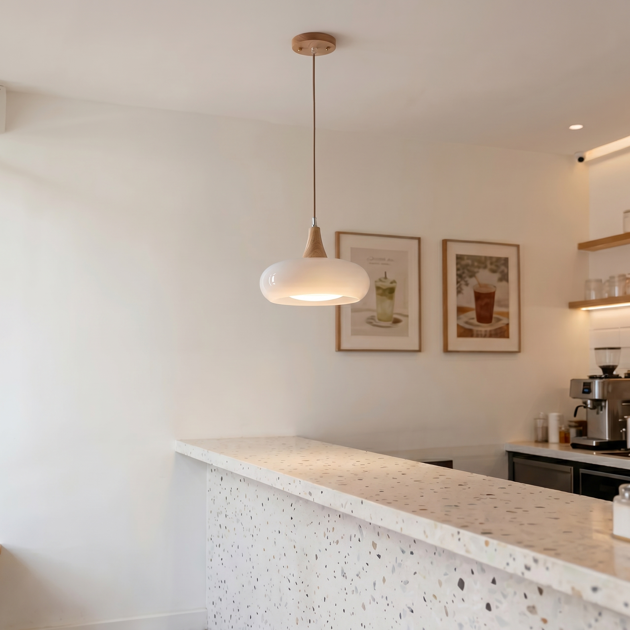 AmberGlow | Elegant Amber Glass Kitchen Pendant Lighting with Wooden Top