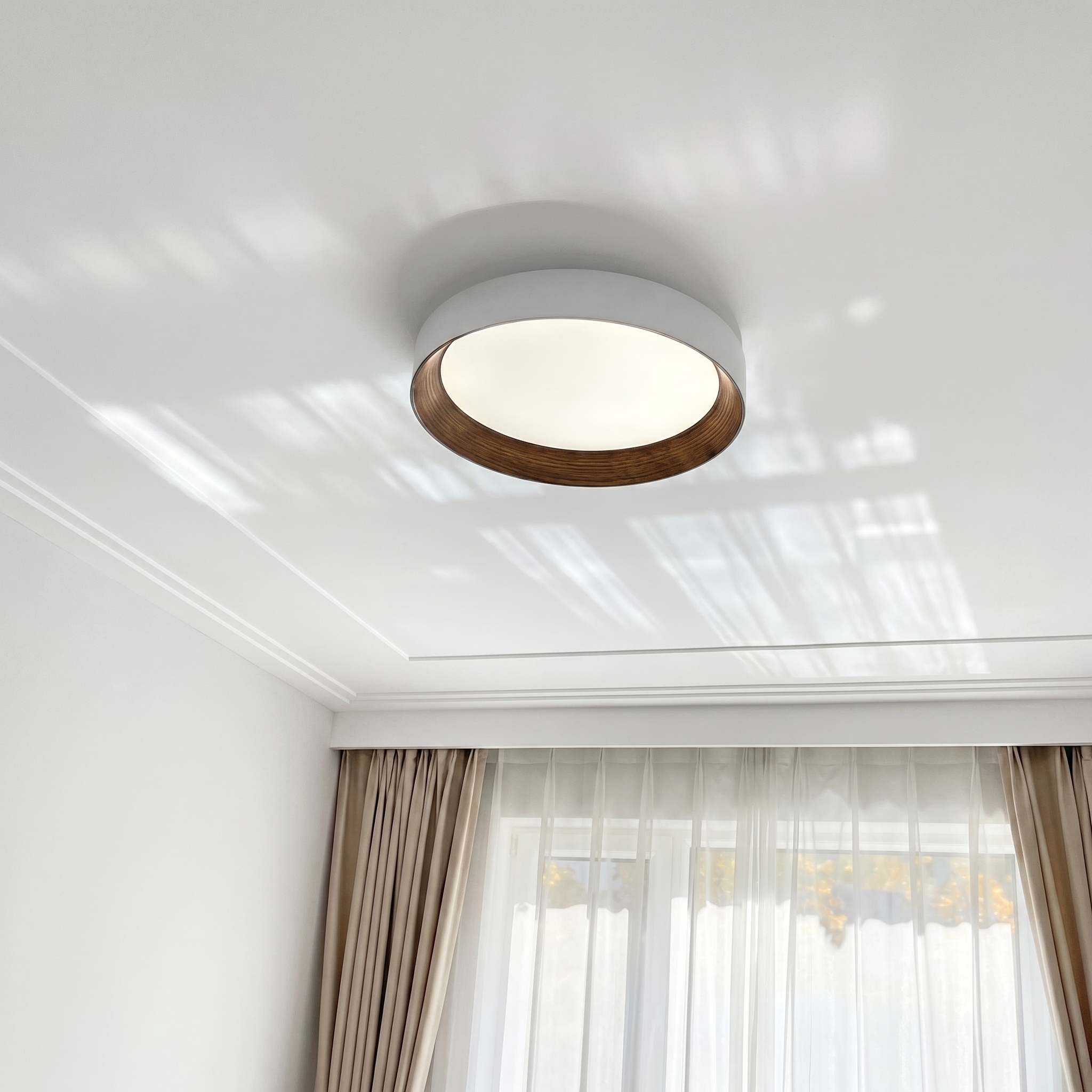 Nordic Creative | Round LED Ceiling Light with Wood Grain Finish | Minimalist Design for Living Room and Bedroom