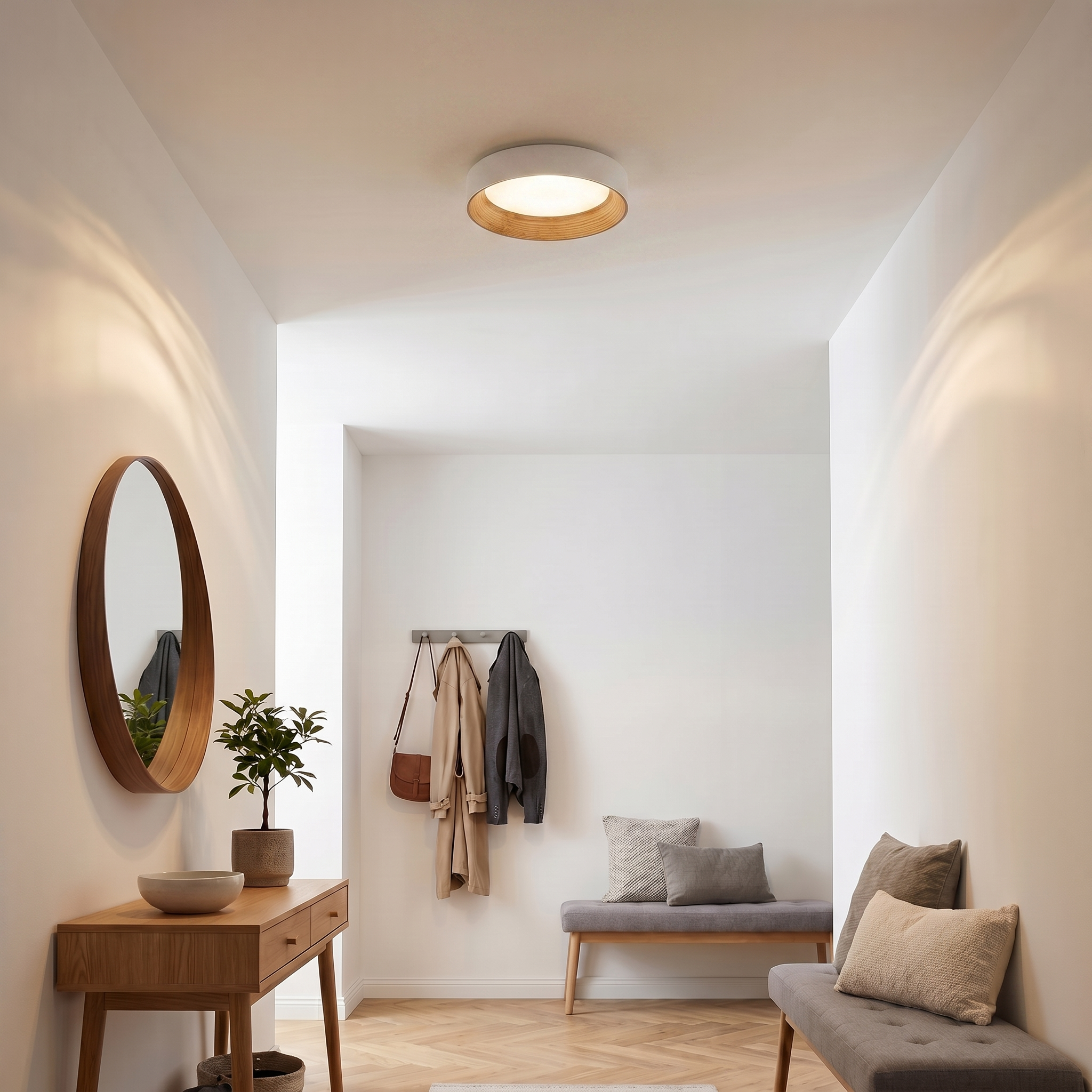 Nordic Creative | Round LED Ceiling Light with Wood Grain Finish | Minimalist Design for Living Room and Bedroom