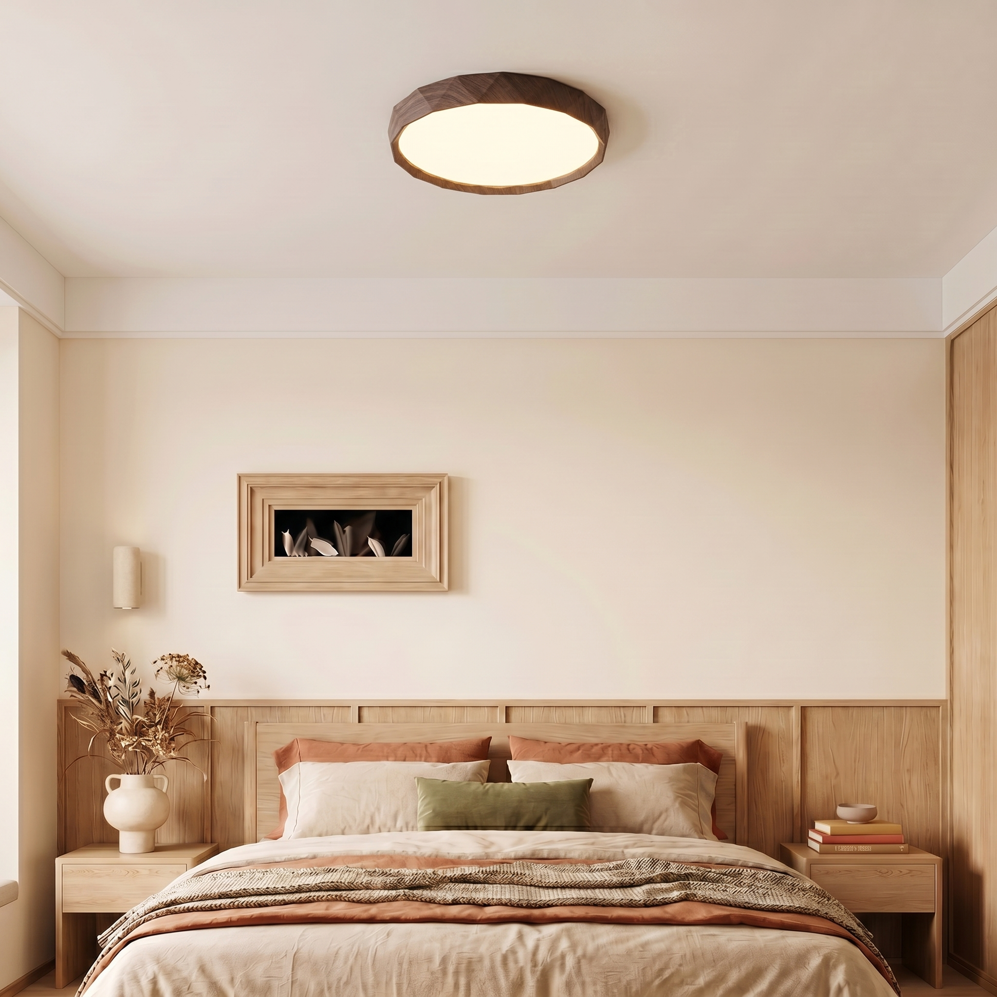 Nordic Walnut Flush Mount Ceiling Light Fixture with Dimmable LED