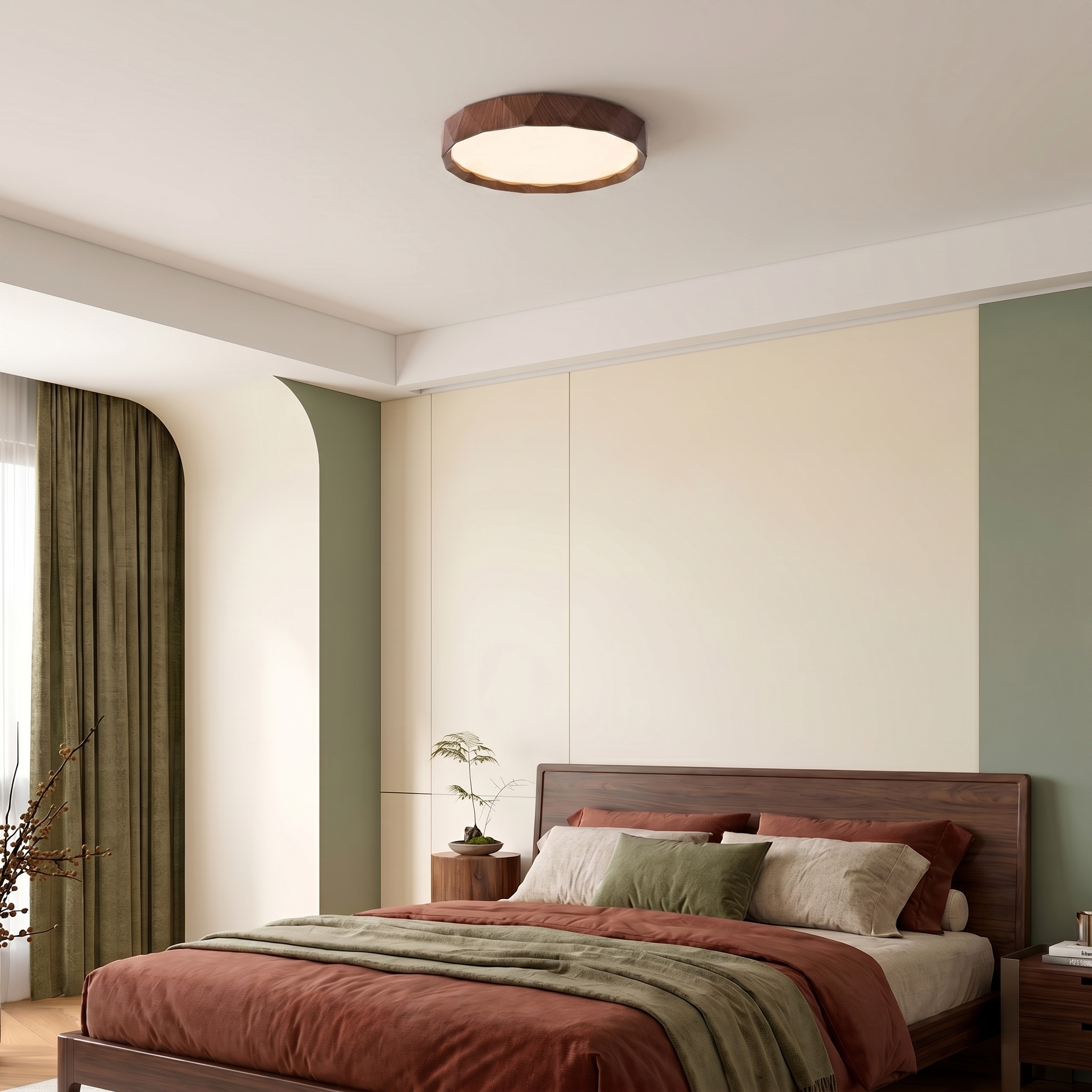 Nordic Walnut Flush Mount Ceiling Light Fixture with Dimmable LED