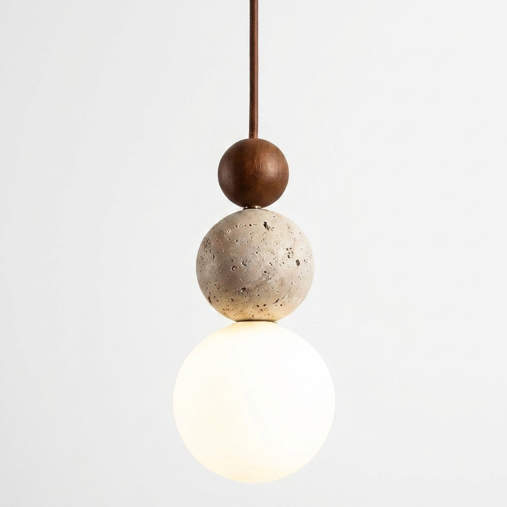 Travertine & Wood LED Pendant Light – Bauhaus Style