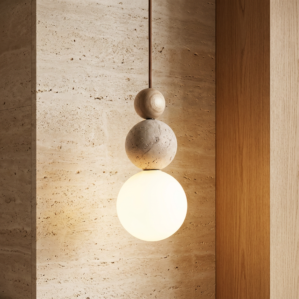 Travertine & Wood LED Pendant Light – Bauhaus Style