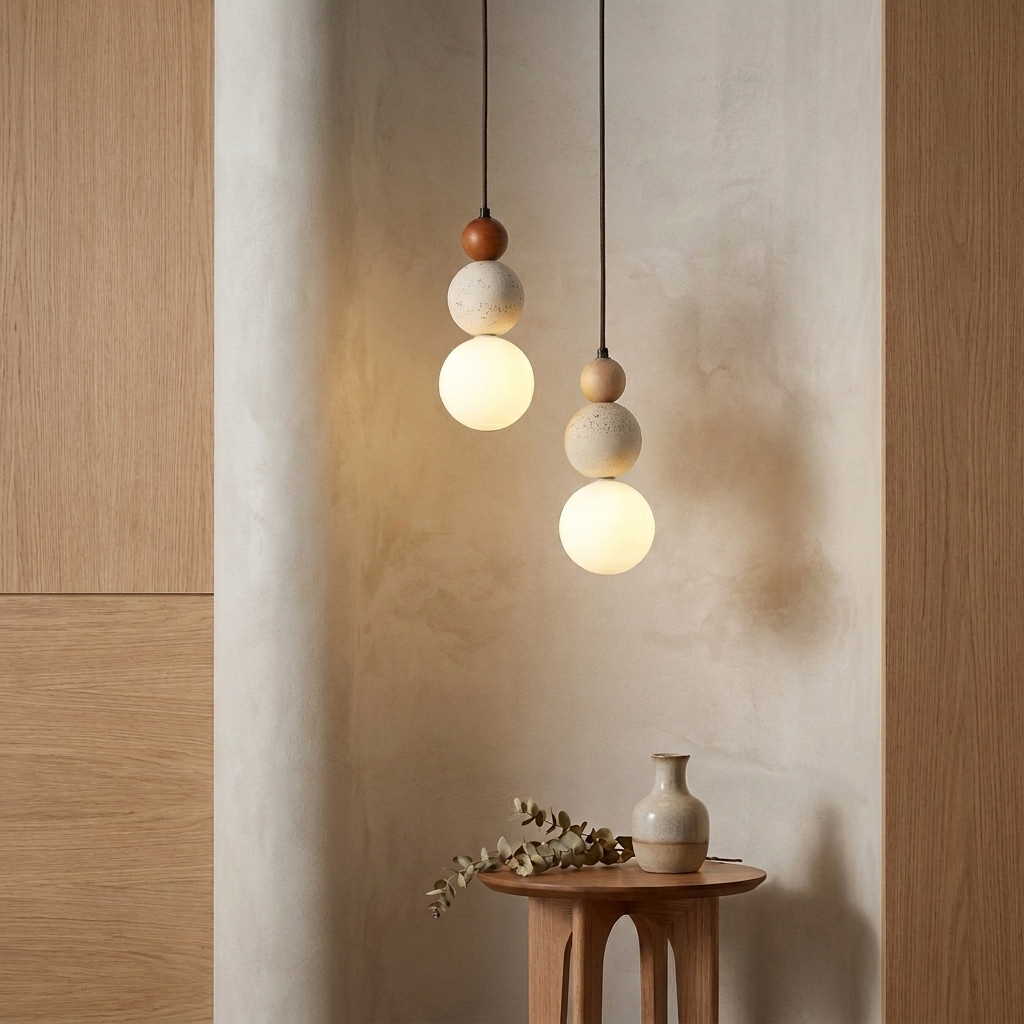 Travertine & Wood LED Pendant Light – Bauhaus Style
